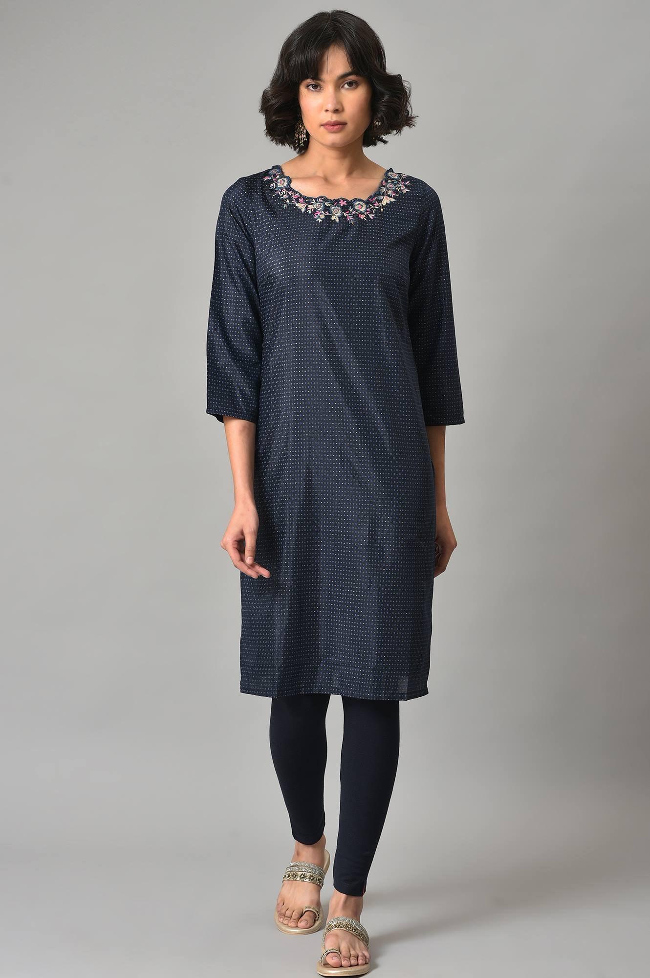 Dark Blue Embroidered kurta With Tights - Image 8