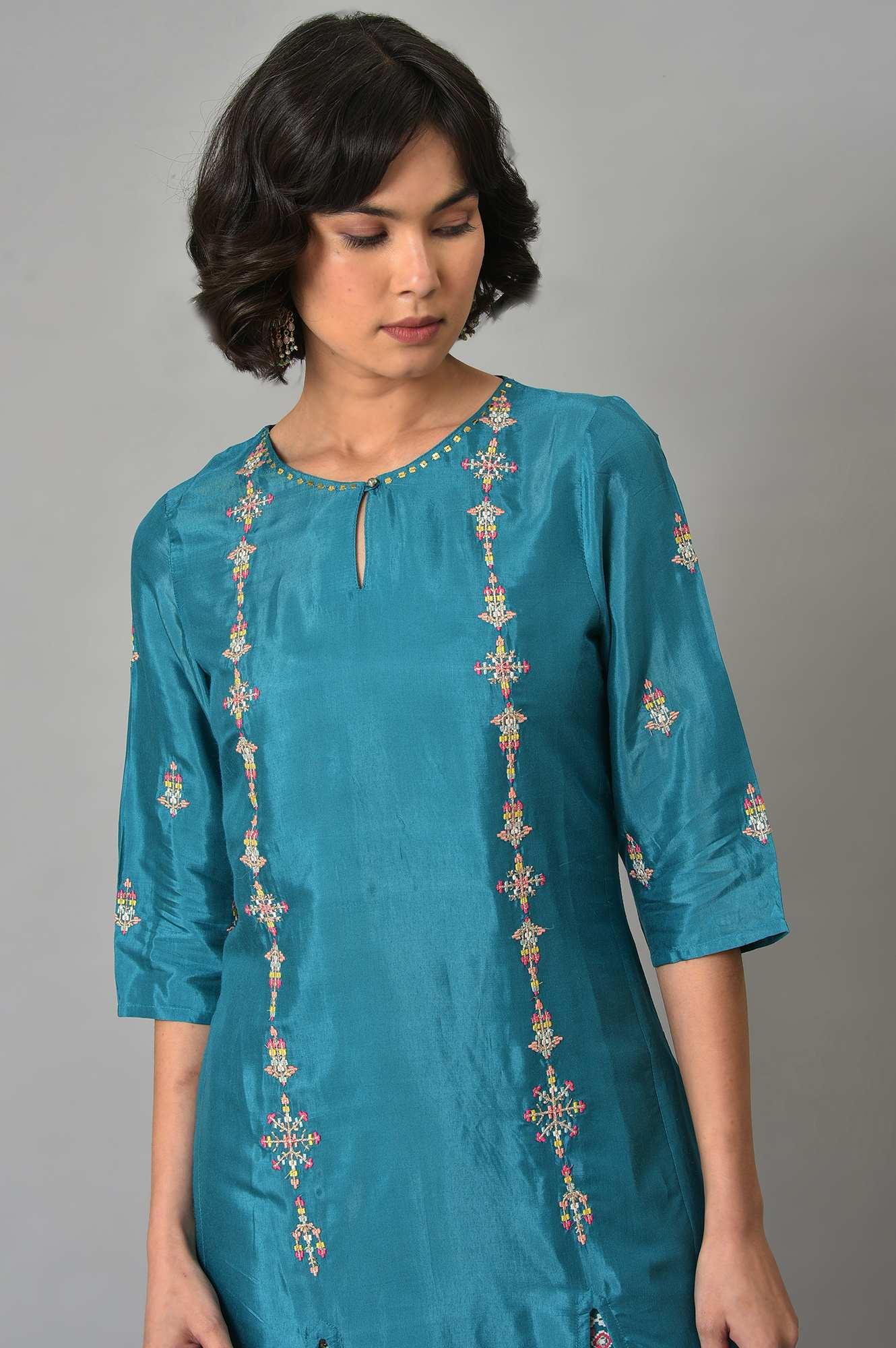 Dark Blue Embroidered Shantung kurta With Printed Parallel Pants - Image 5