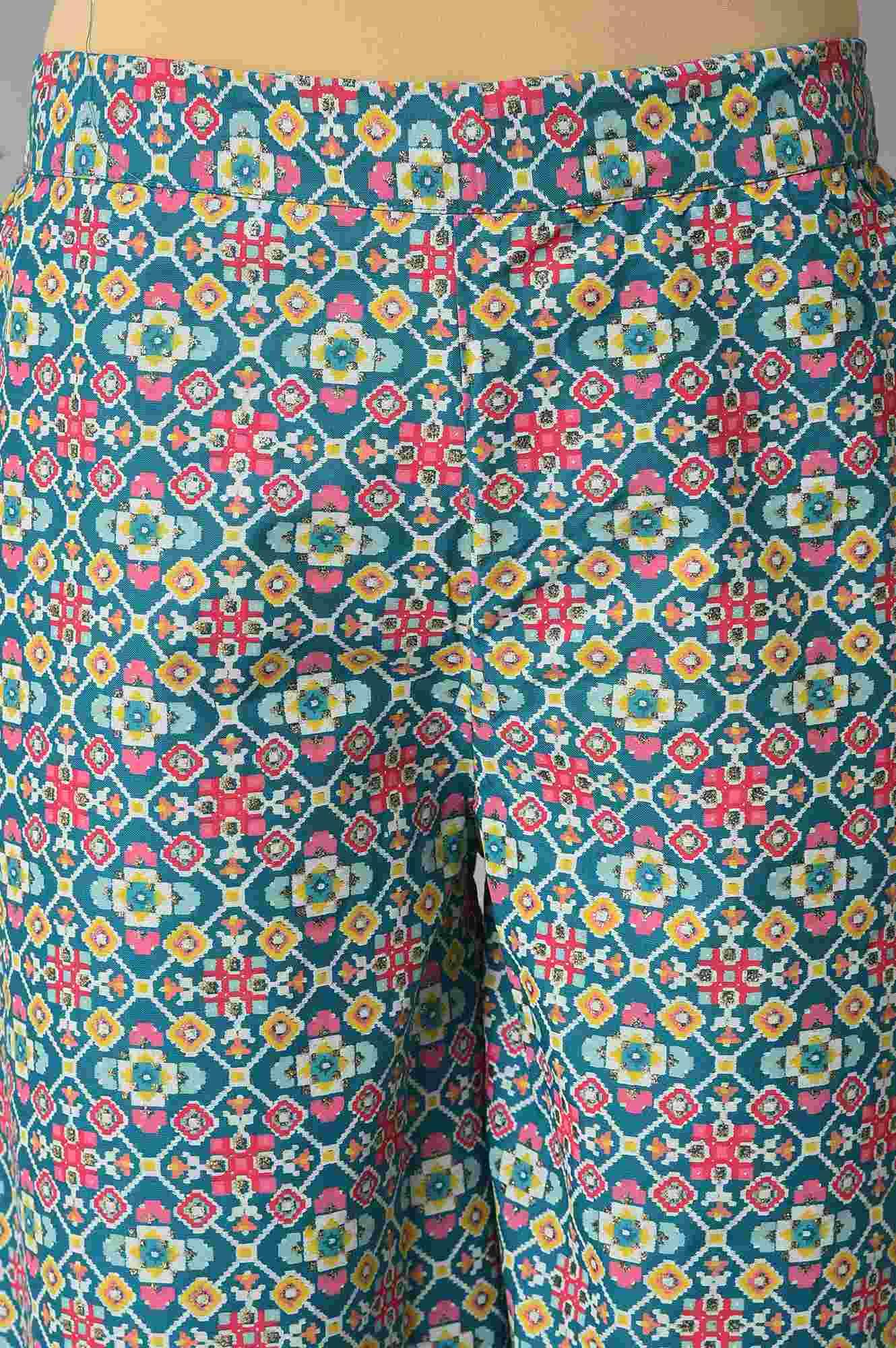 Dark Blue Embroidered Shantung kurta With Printed Parallel Pants - Image 6