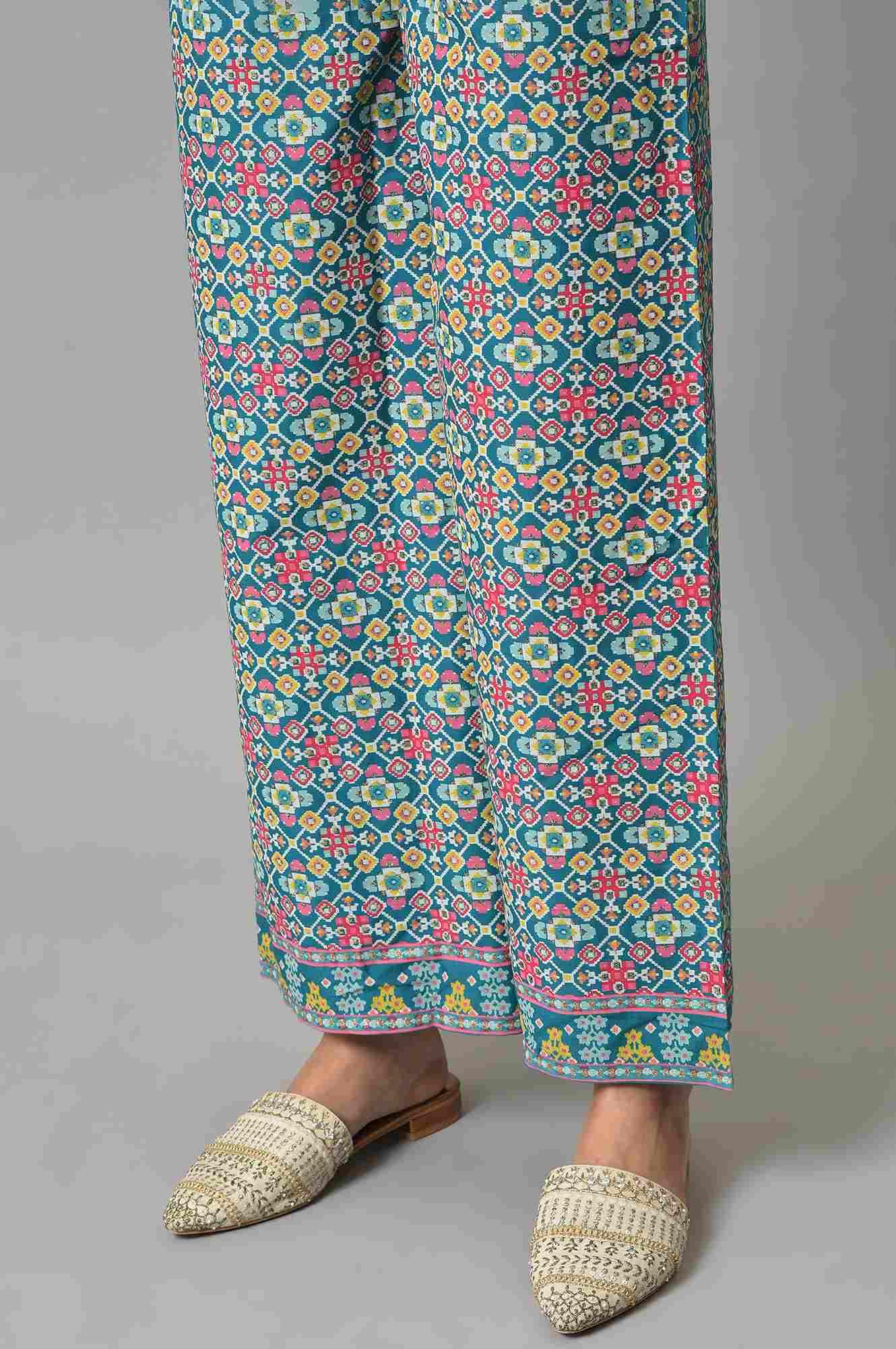 Dark Blue Embroidered Shantung kurta With Printed Parallel Pants - Image 8