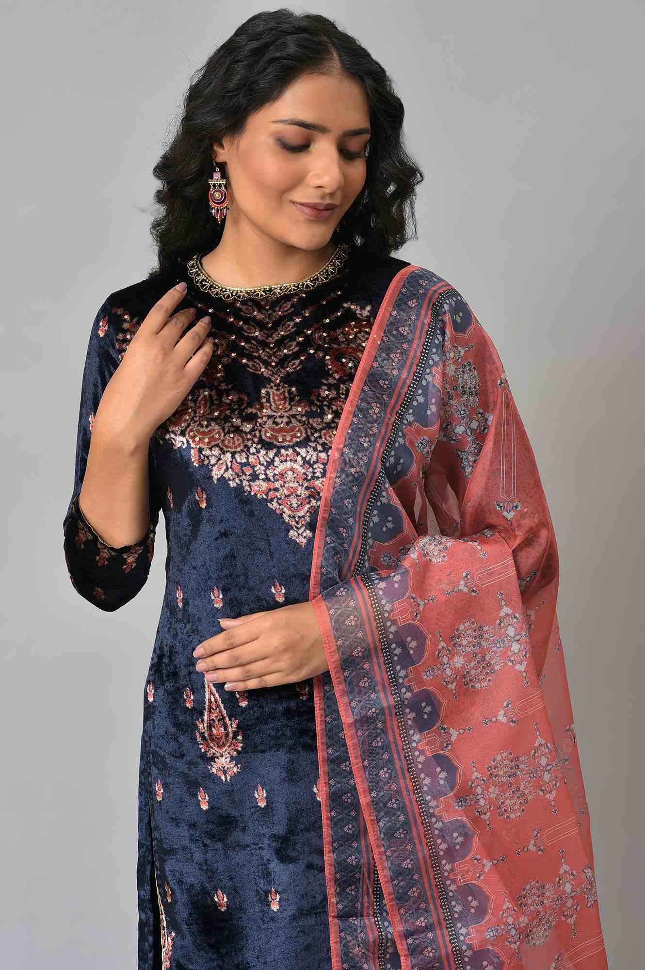Dark Blue Festive Velvet kurta With Shantung Sharara And Coral Dupatta - Image 5