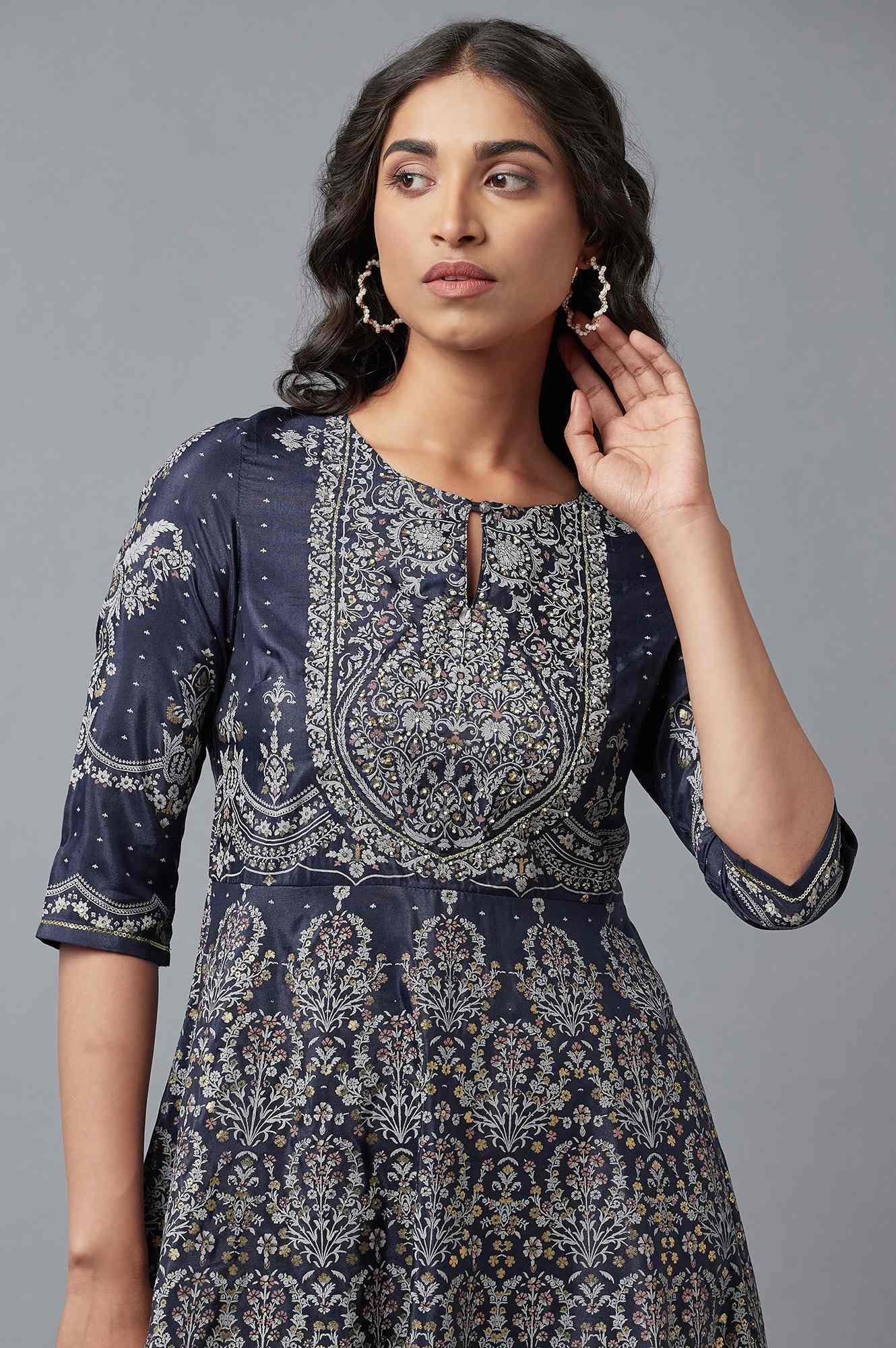 Dark Blue Floral Print Indie Dress - Image 5