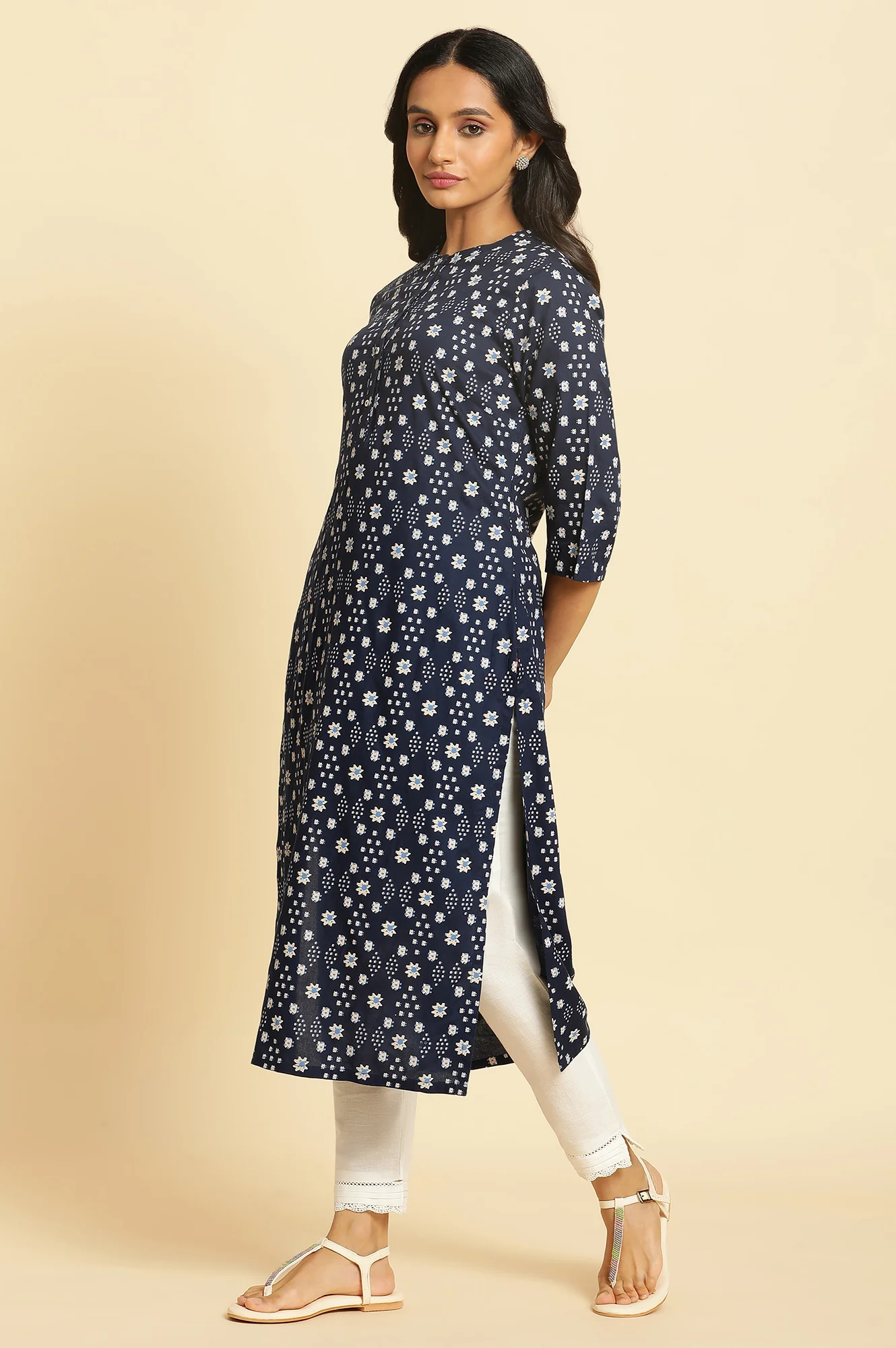 Dark Blue Geometric Printed Straight Kurta - Image 2
