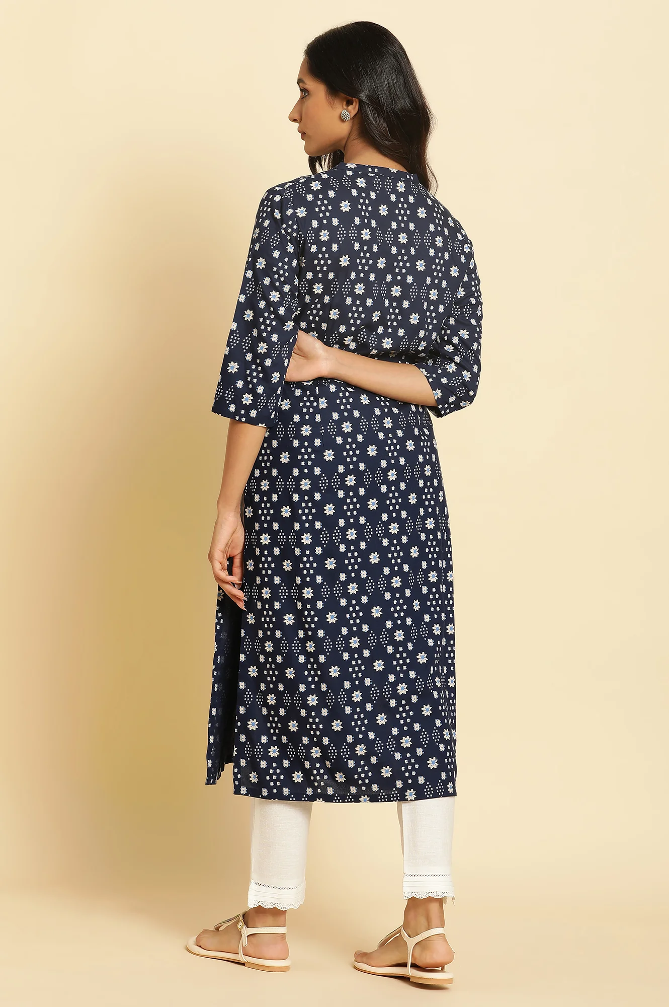 Dark Blue Geometric Printed Straight Kurta - Image 3