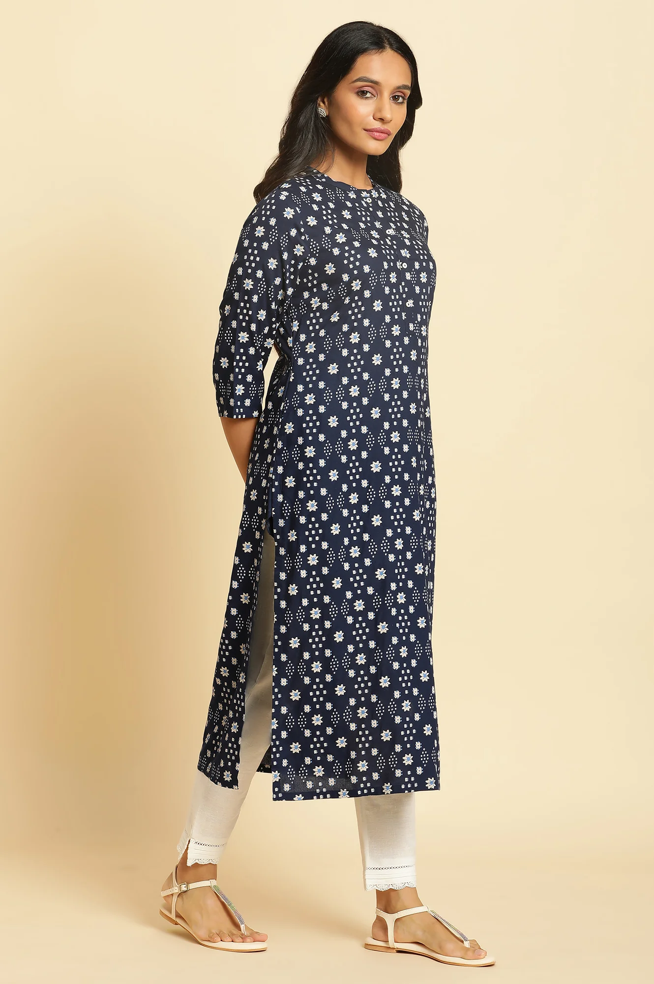 Dark Blue Geometric Printed Straight Kurta - Image 4