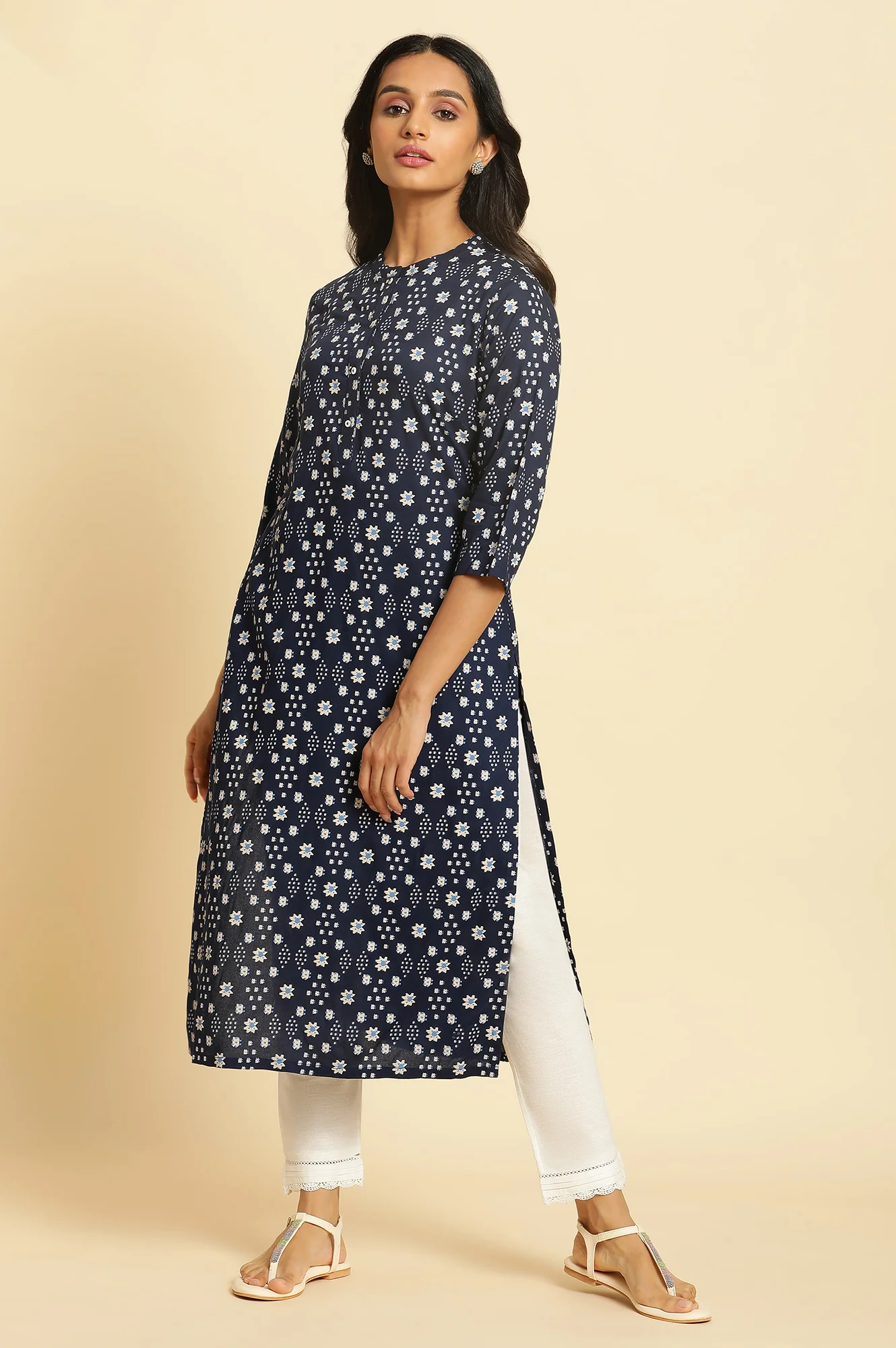 Dark Blue Geometric Printed Straight Kurta - Image 5