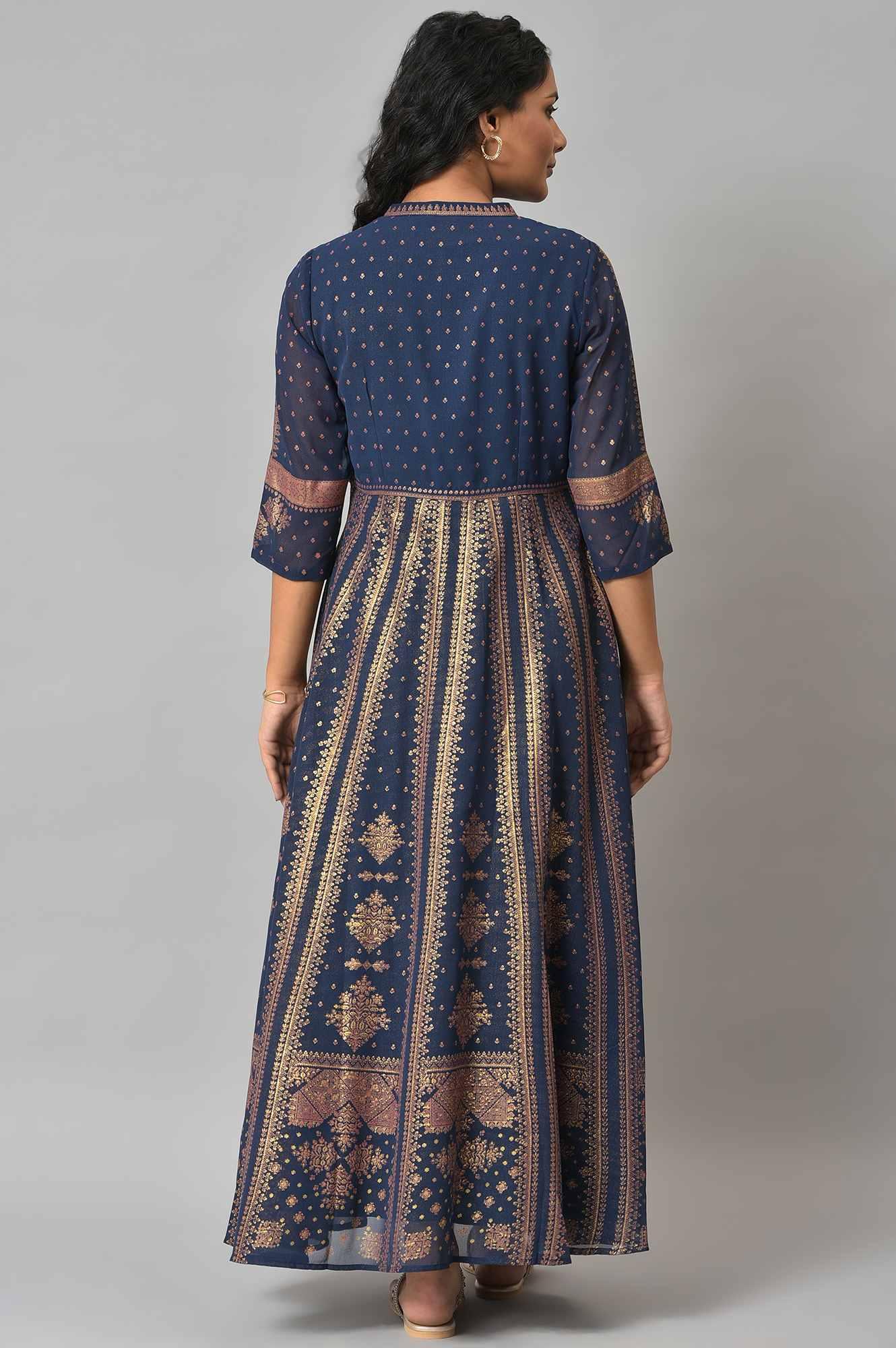 Dark Blue Gold Foil Printed Georgette Dress - Image 2