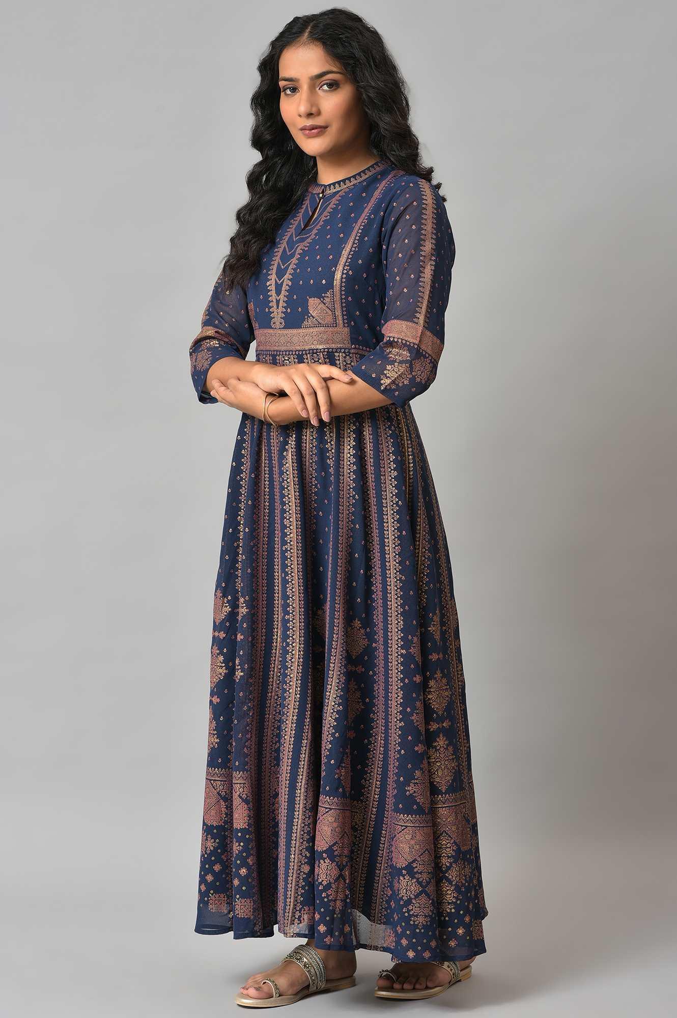 Dark Blue Gold Foil Printed Georgette Dress - Image 3