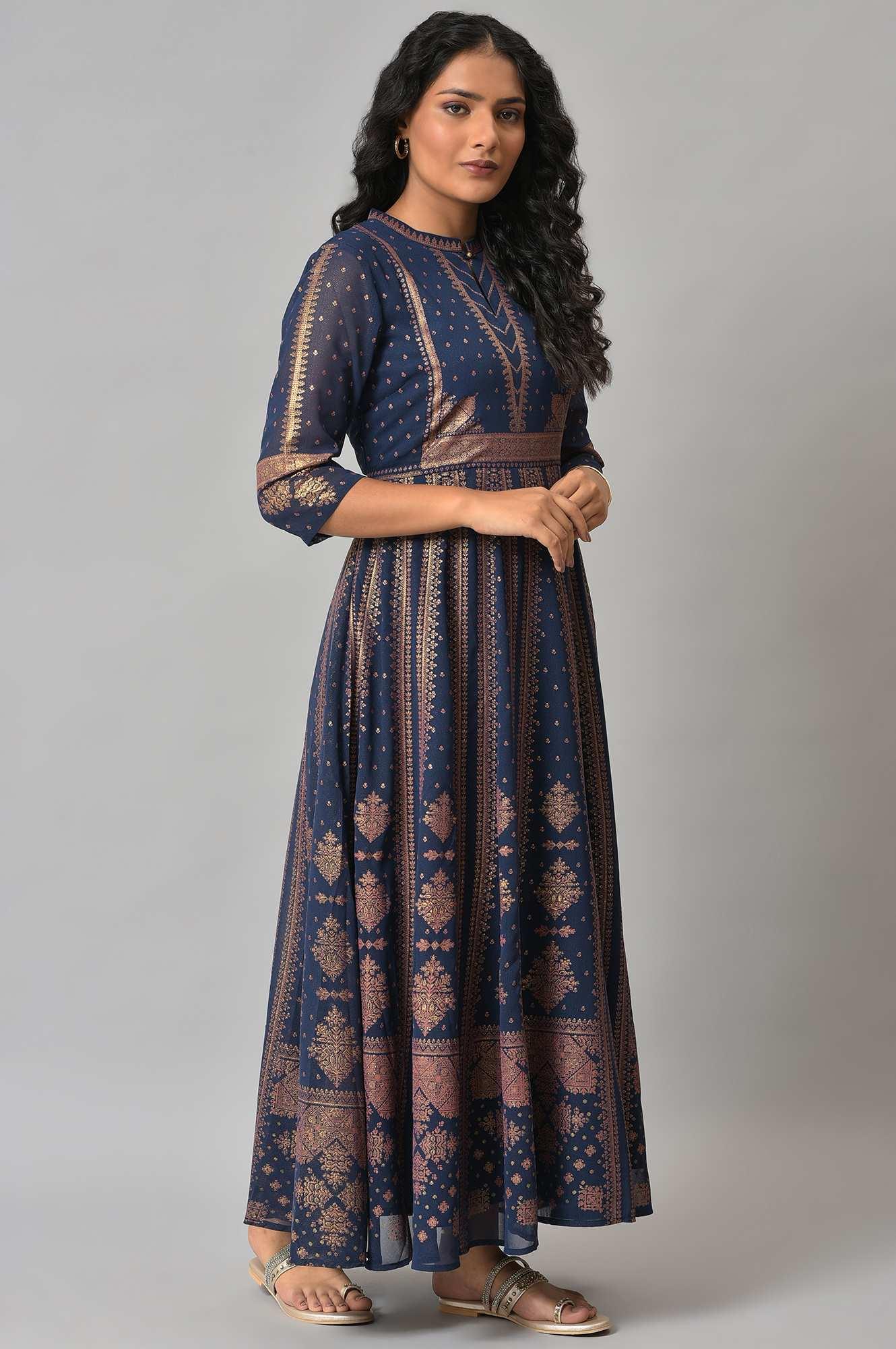 Dark Blue Gold Foil Printed Georgette Dress - Image 4