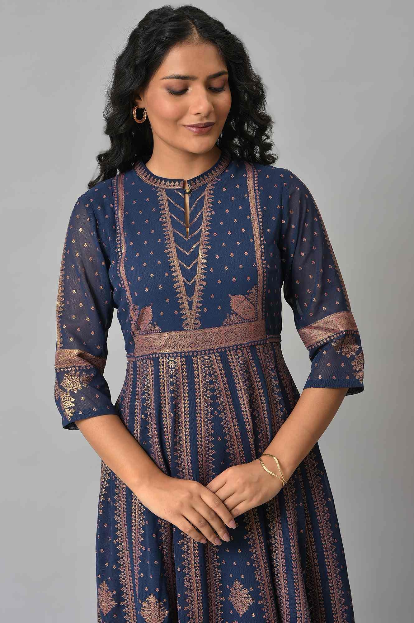 Dark Blue Gold Foil Printed Georgette Dress - Image 5