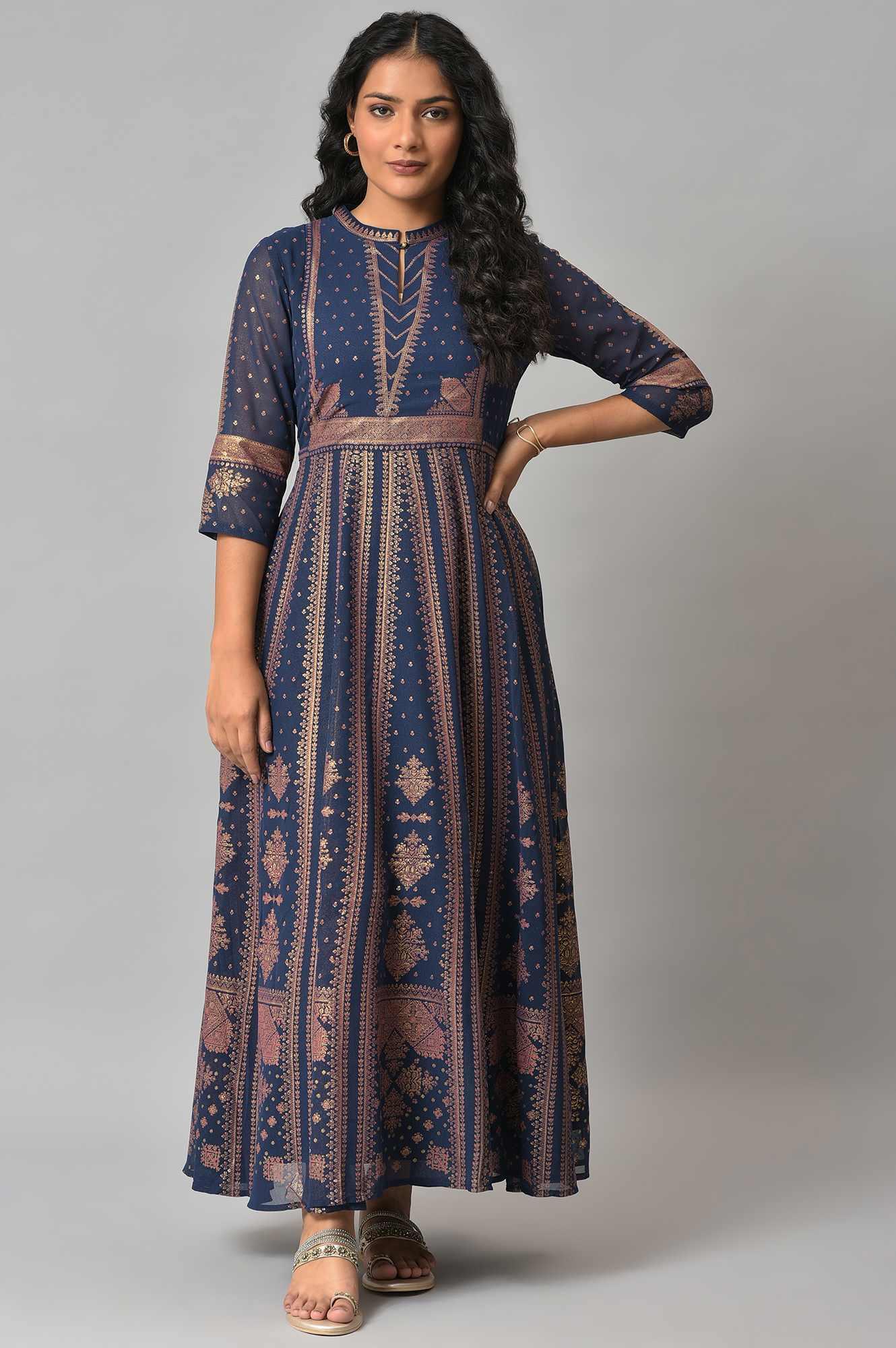 Dark Blue Gold Foil Printed Georgette Dress - Image 6
