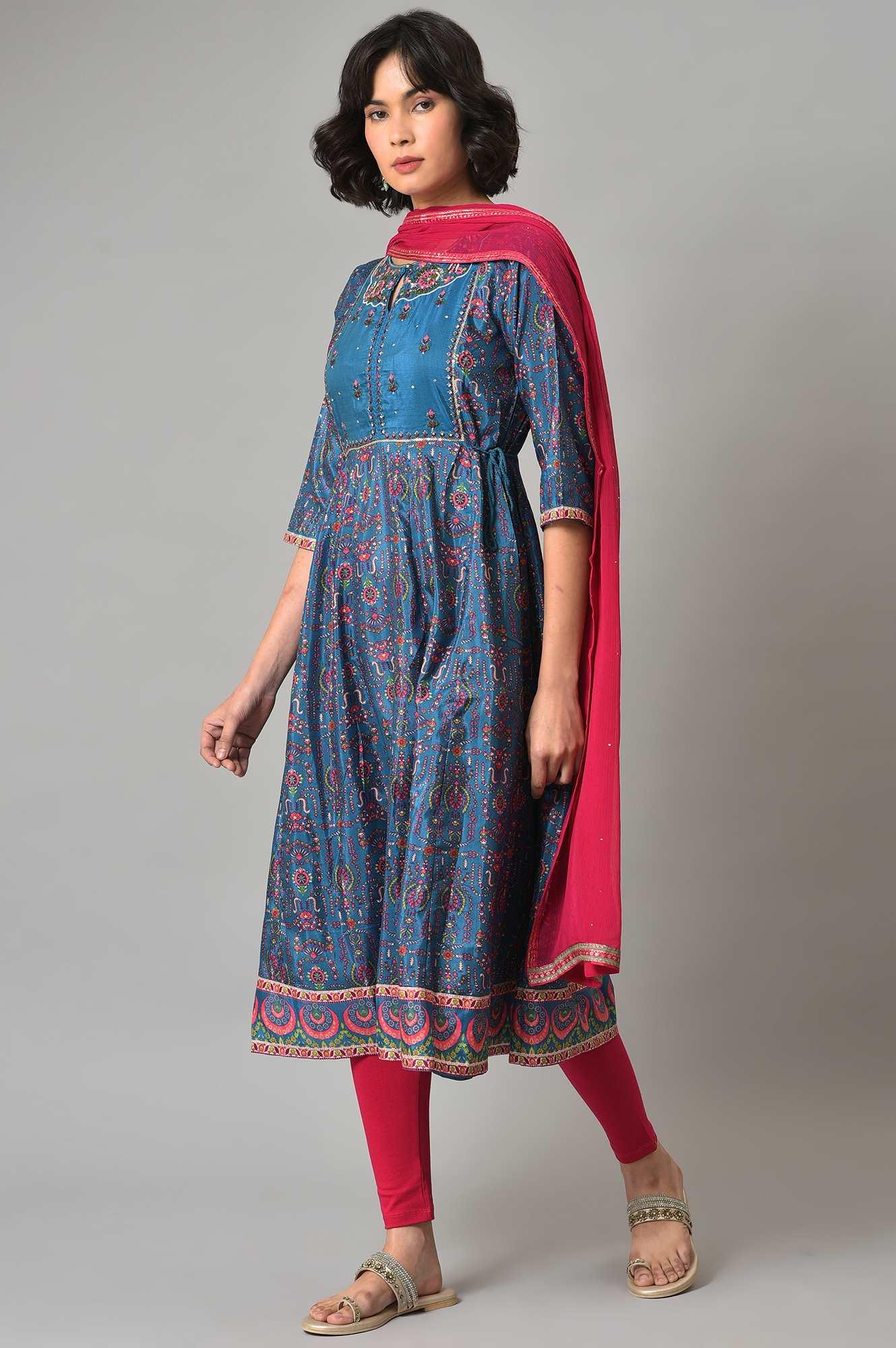 Dark Blue kurta With Pink Tights And Dupatta - Image 3