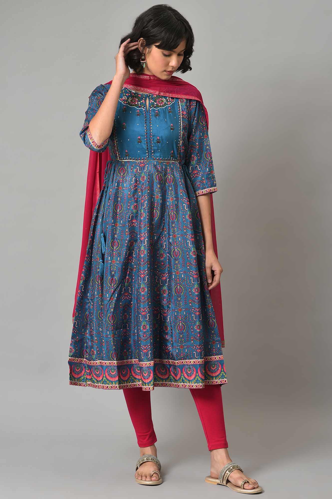 Dark Blue kurta With Pink Tights And Dupatta - Image 4