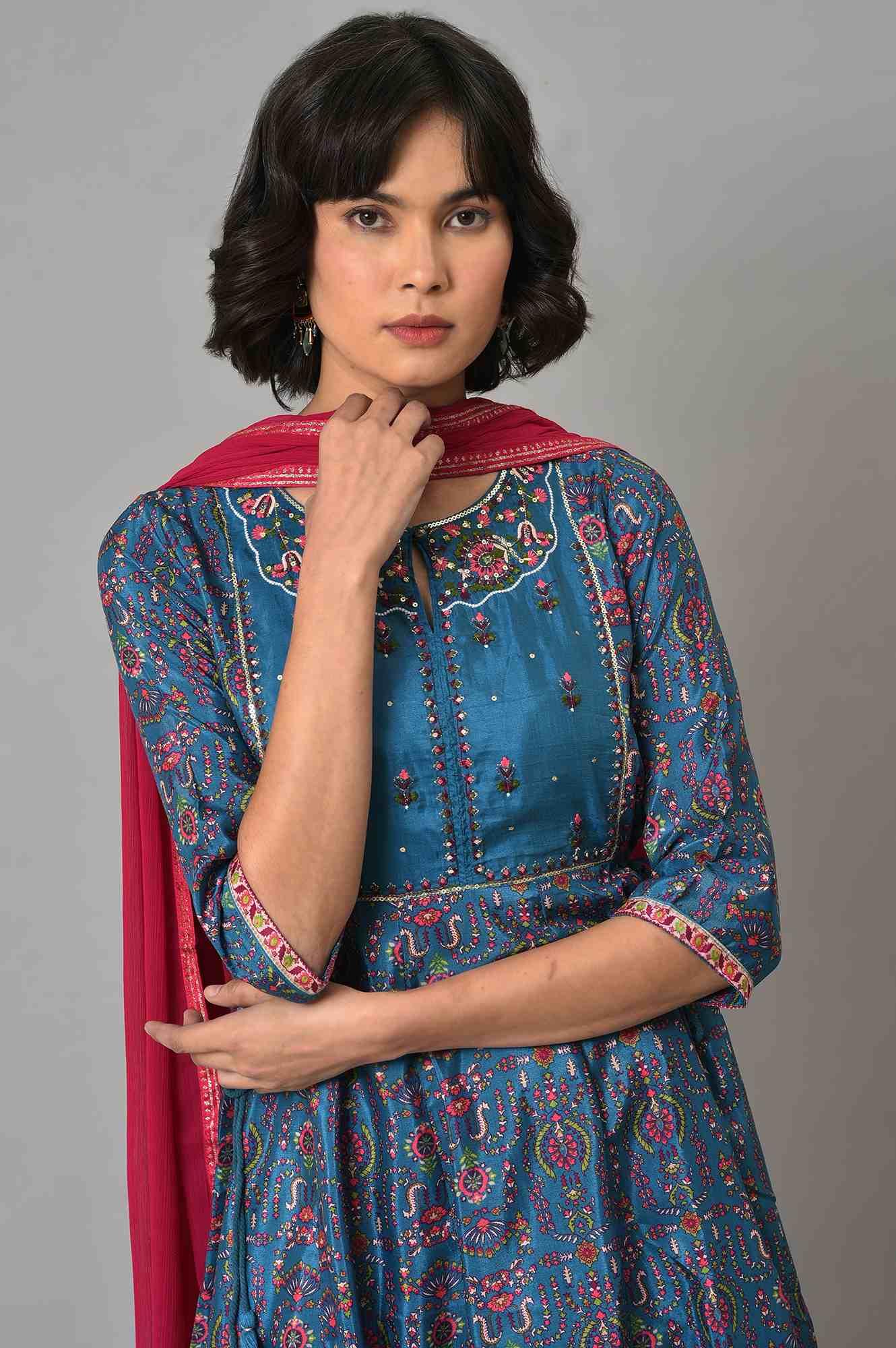 Dark Blue kurta With Pink Tights And Dupatta - Image 5