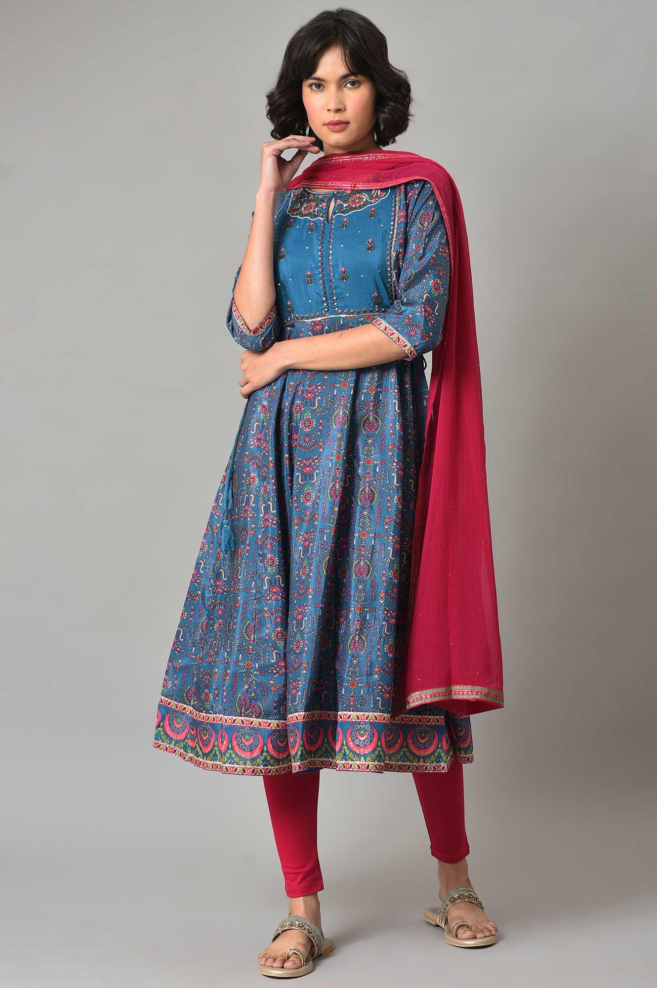 Dark Blue kurta With Pink Tights And Dupatta - Image 9