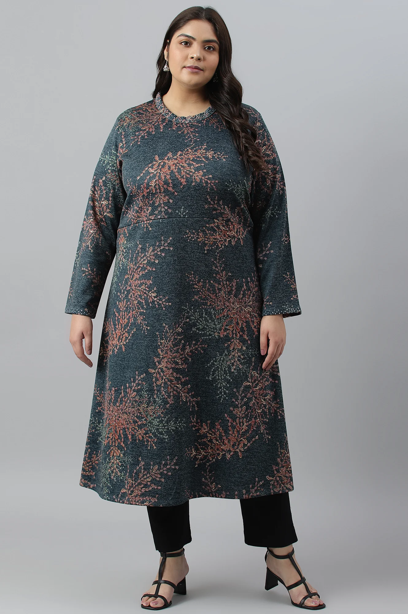 Dark Blue Light Festive Jacquard Plus Size Winter kurta