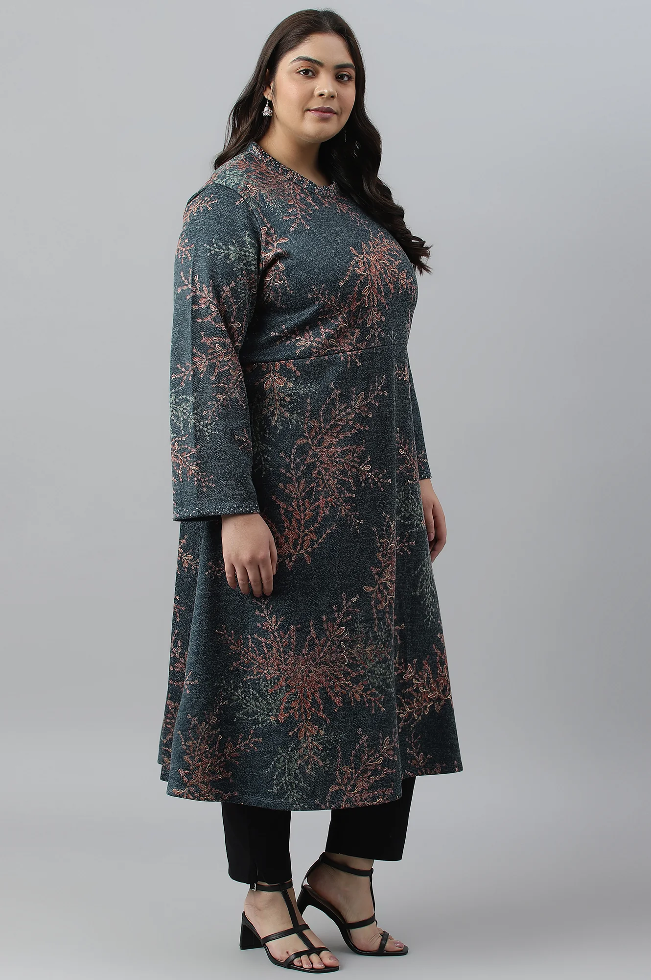 Dark Blue Light Festive Jacquard Plus Size Winter kurta - Image 3