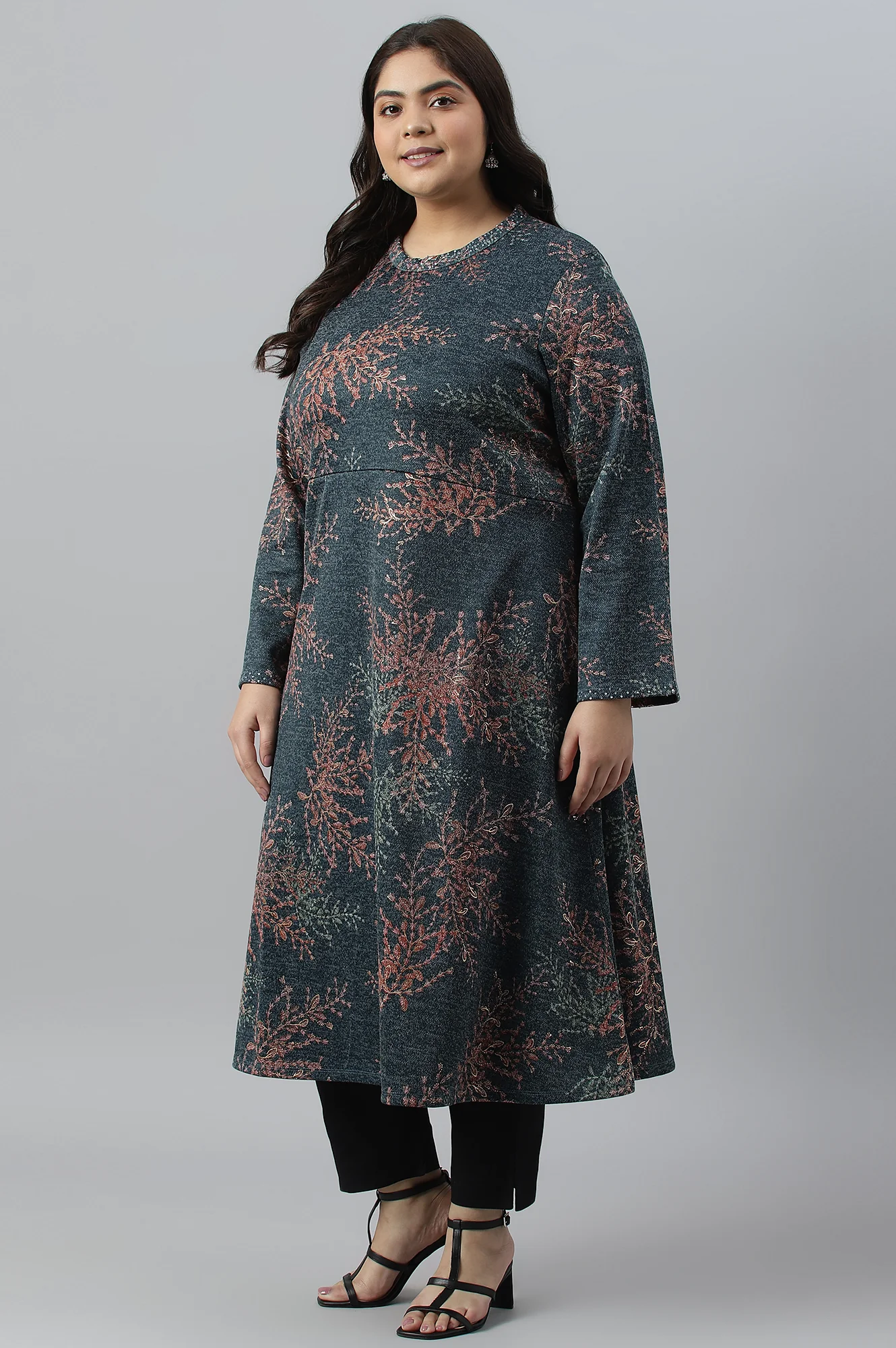 Dark Blue Light Festive Jacquard Plus Size Winter kurta - Image 4