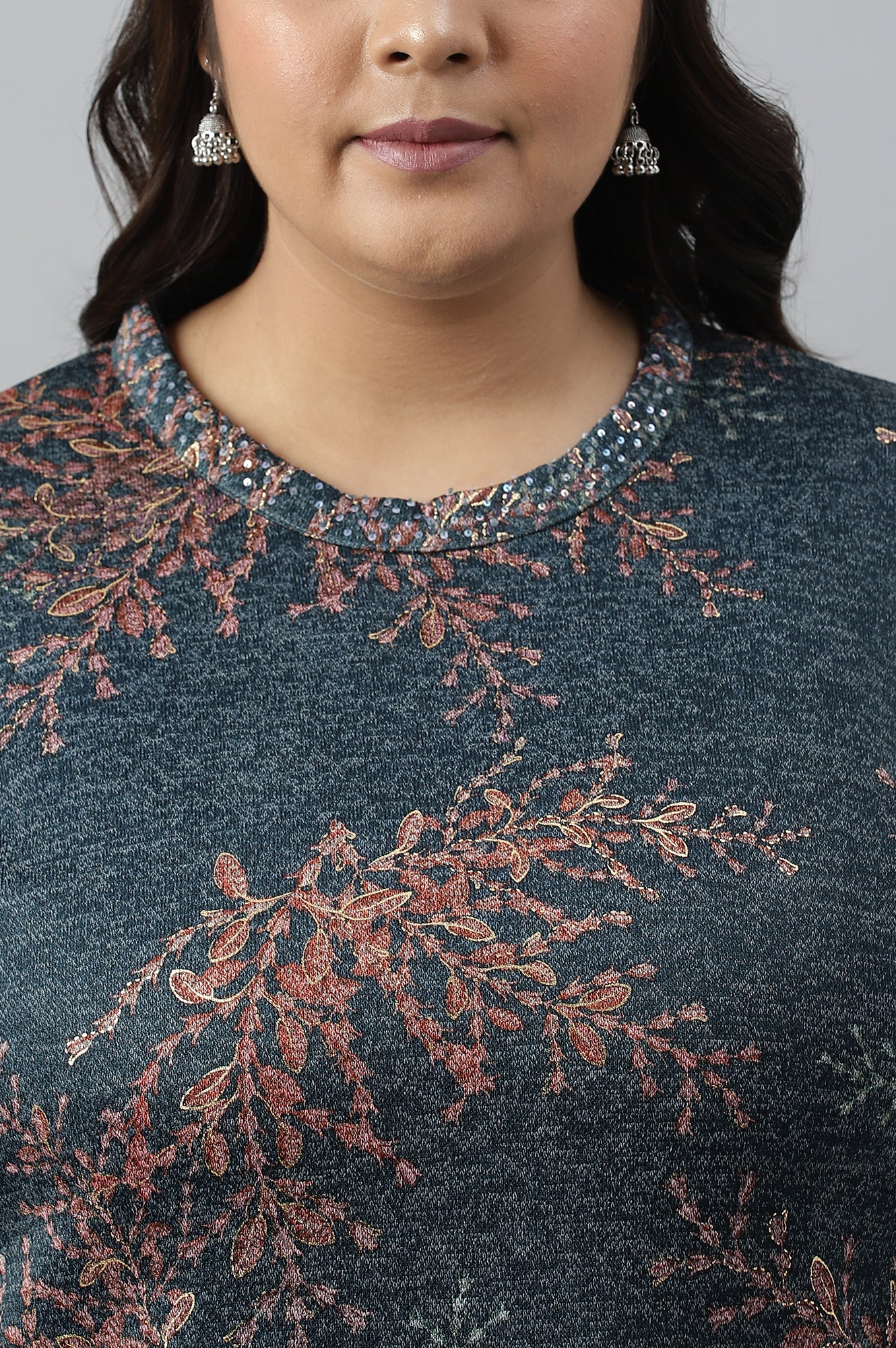 Dark Blue Light Festive Jacquard Plus Size Winter kurta - Image 5