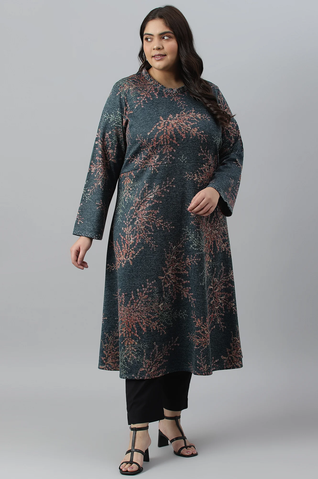 Dark Blue Light Festive Jacquard Plus Size Winter kurta - Image 6
