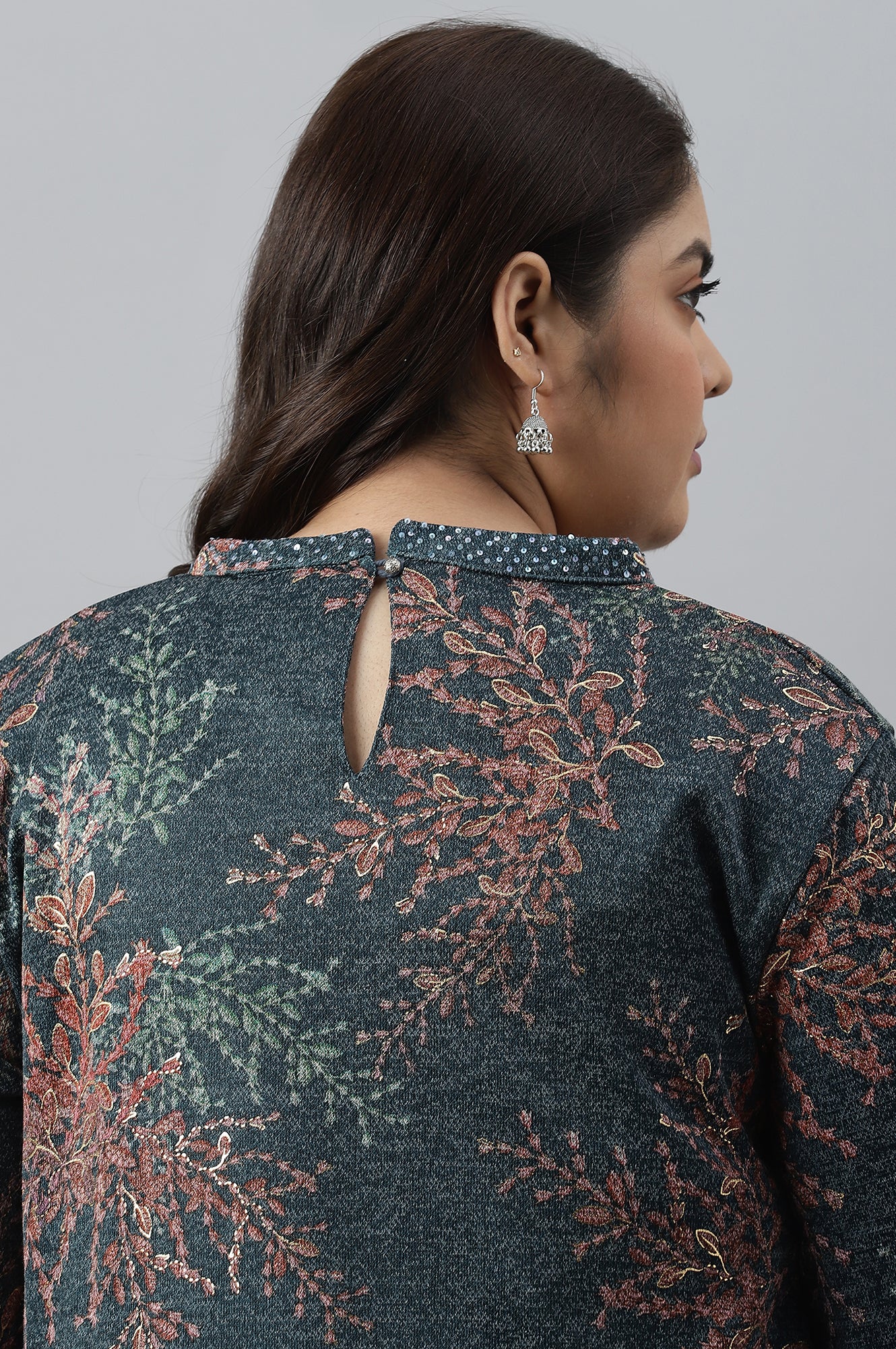 Dark Blue Light Festive Jacquard Plus Size Winter kurta - Image 9