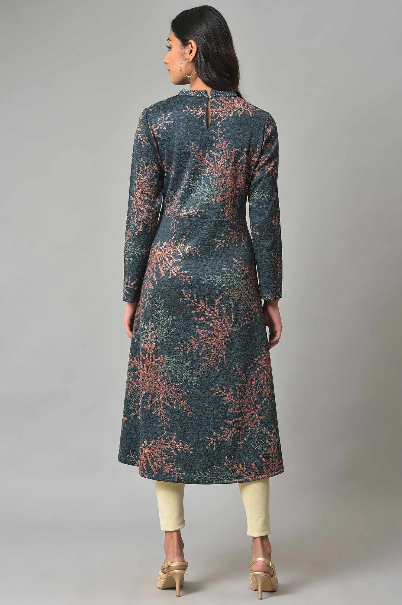 Dark Blue Light Festive Jacquard Winter kurta - Image 2
