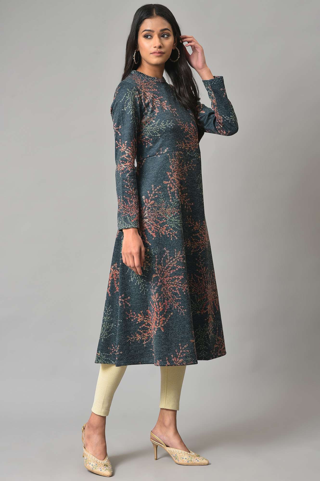 Dark Blue Light Festive Jacquard Winter kurta - Image 4