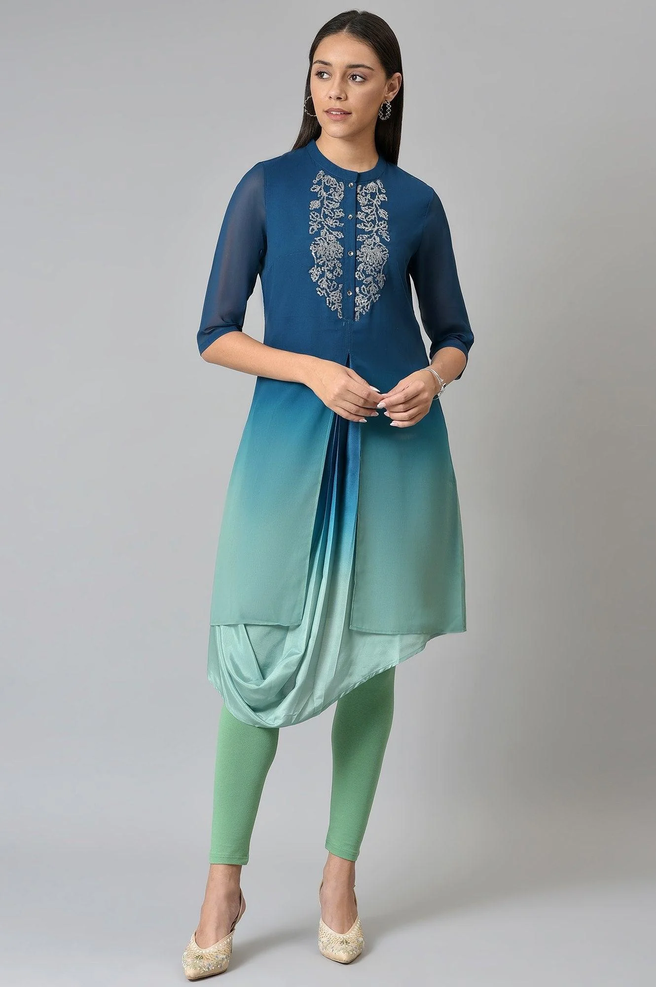 Dark Blue Ombre Cowl kurta With Tights - Image 7