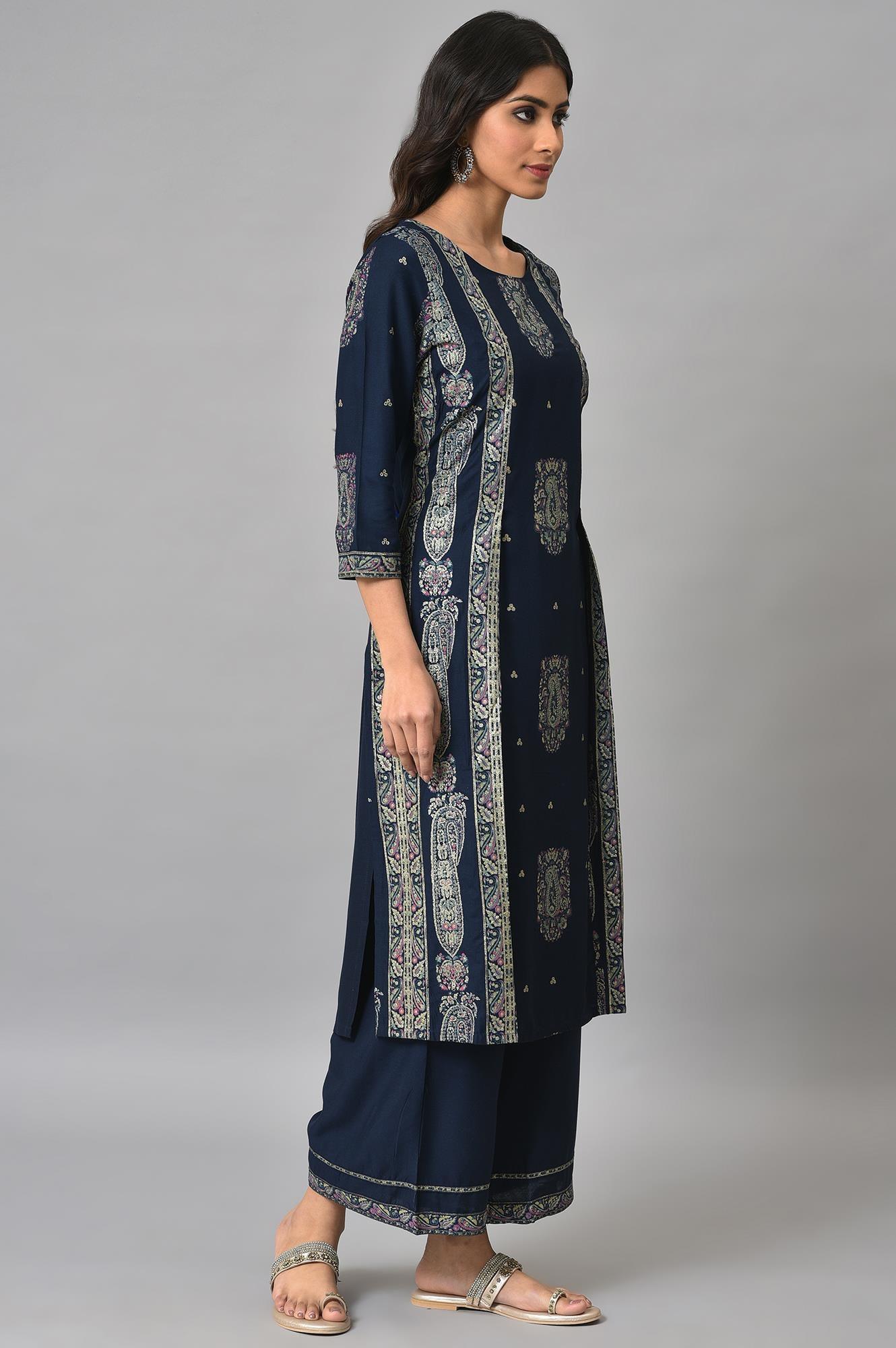 Dark Blue Paisley Printed kurta With Parallel Pants - Image 4