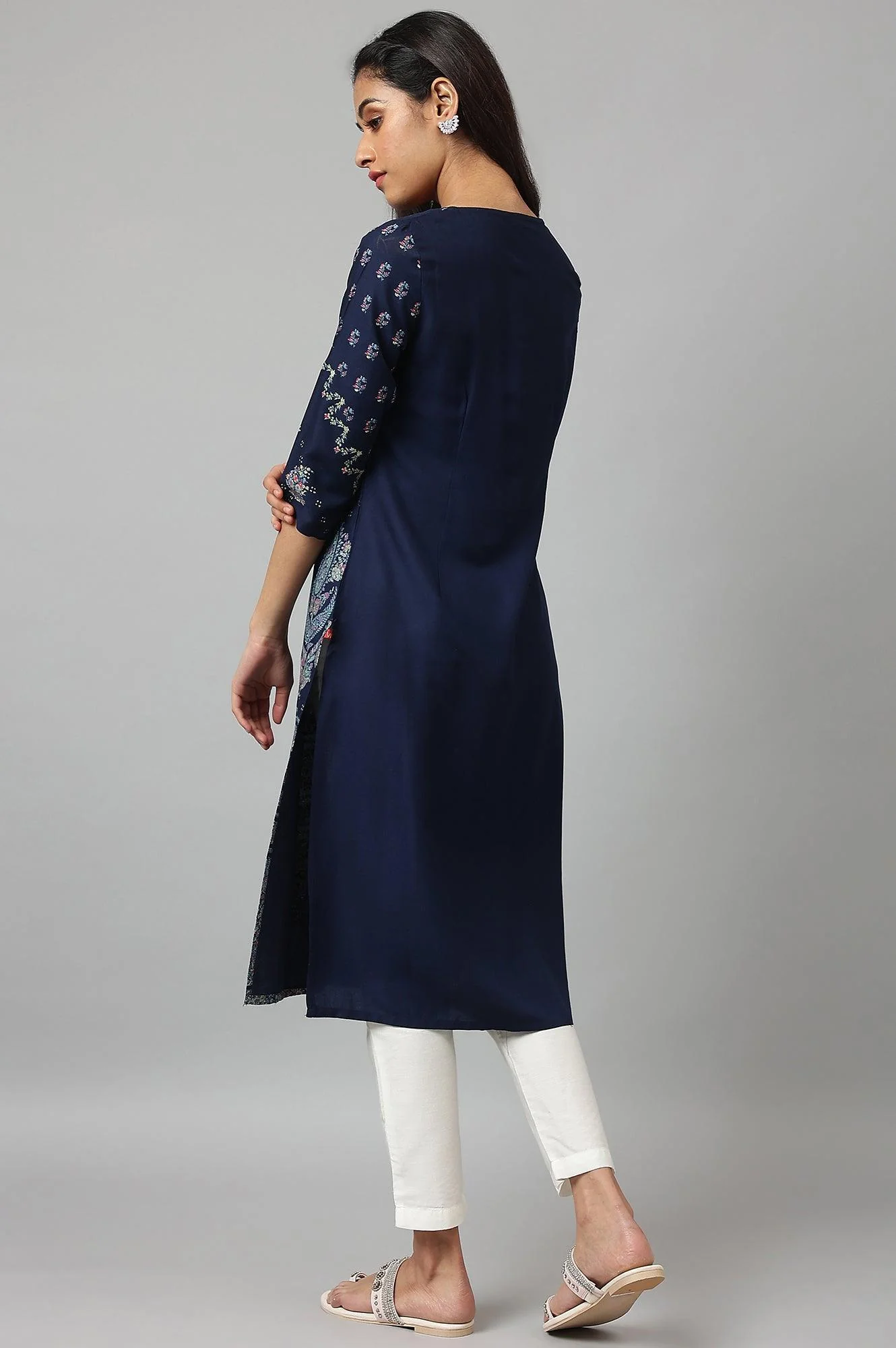 Dark Blue Placement Print Rayon kurta - Image 4