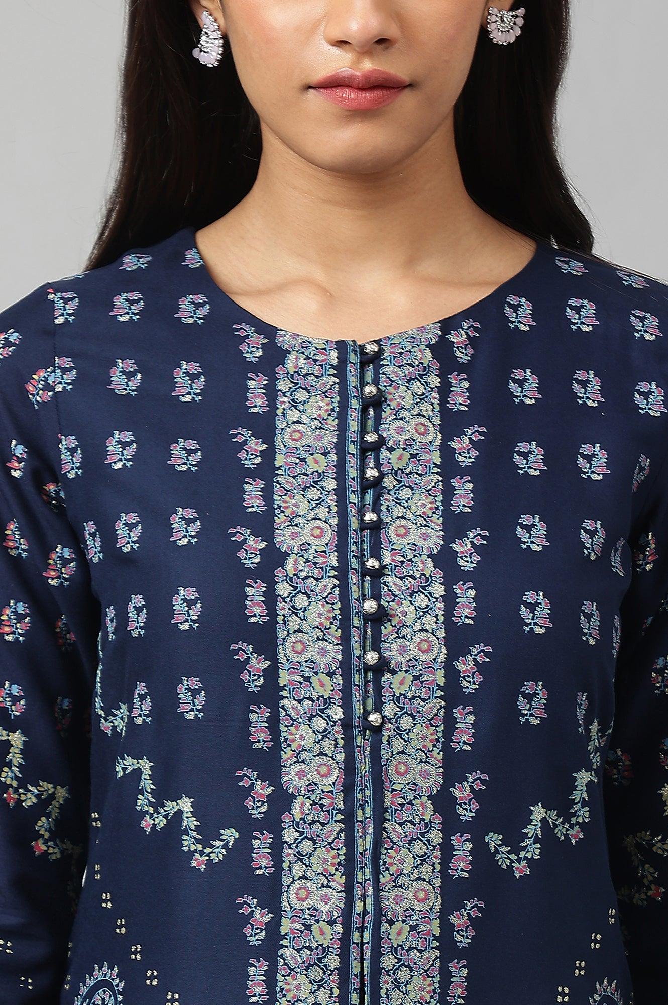 Dark Blue Placement Print Rayon kurta - Image 7