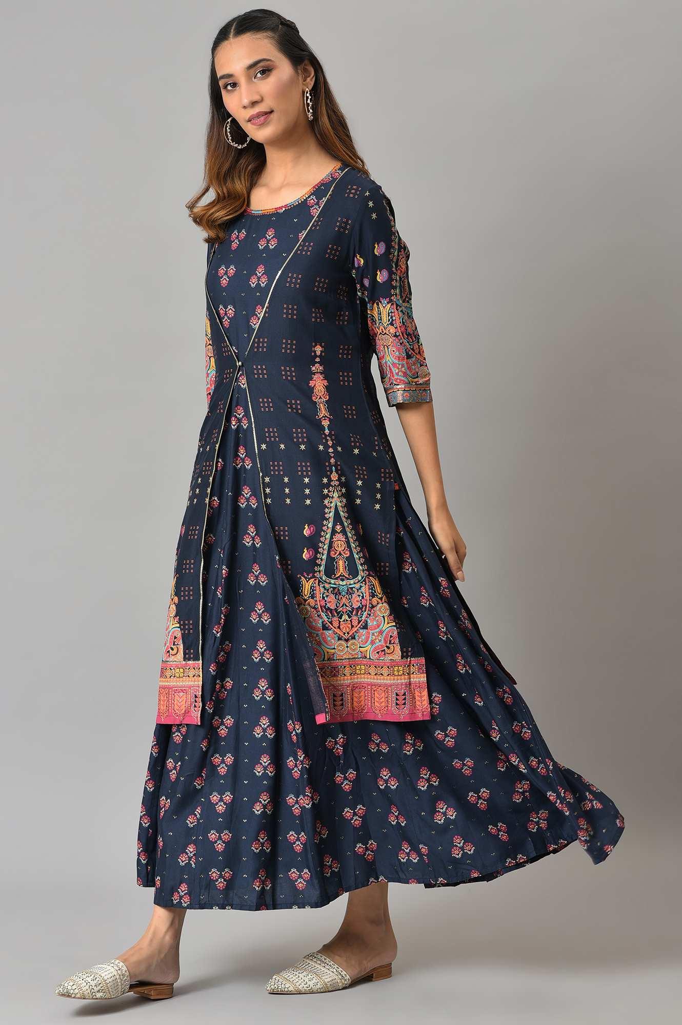 Dark Blue Printed Duo Dress Set - Image 3
