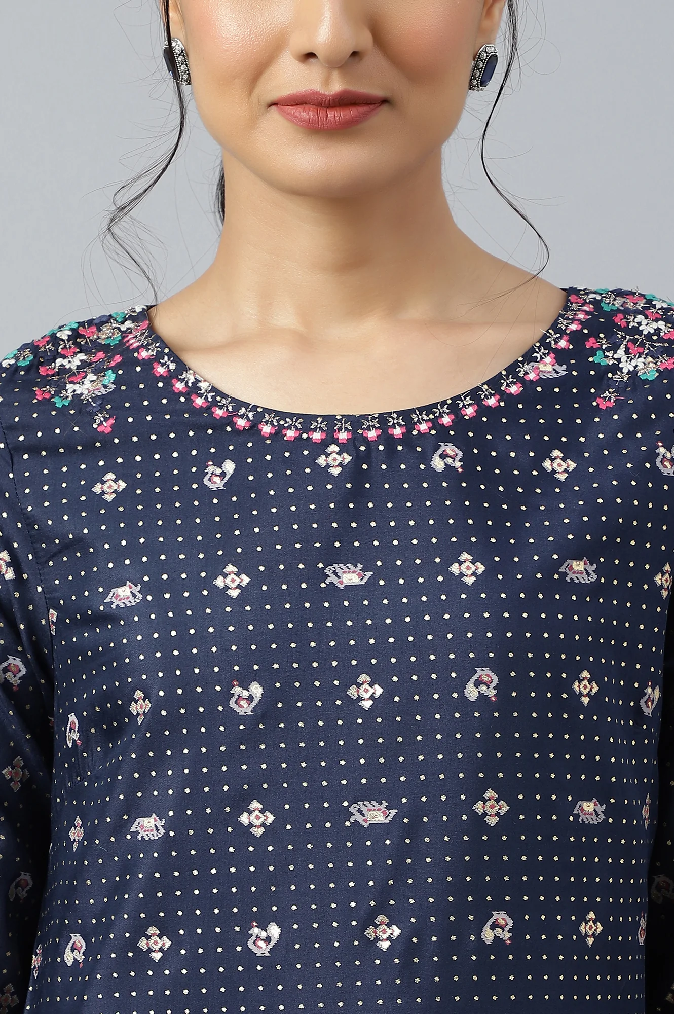 Dark Blue Printed Thread Embroidered Shantung A-Line Kurta and Slim Pant Set - Image 2