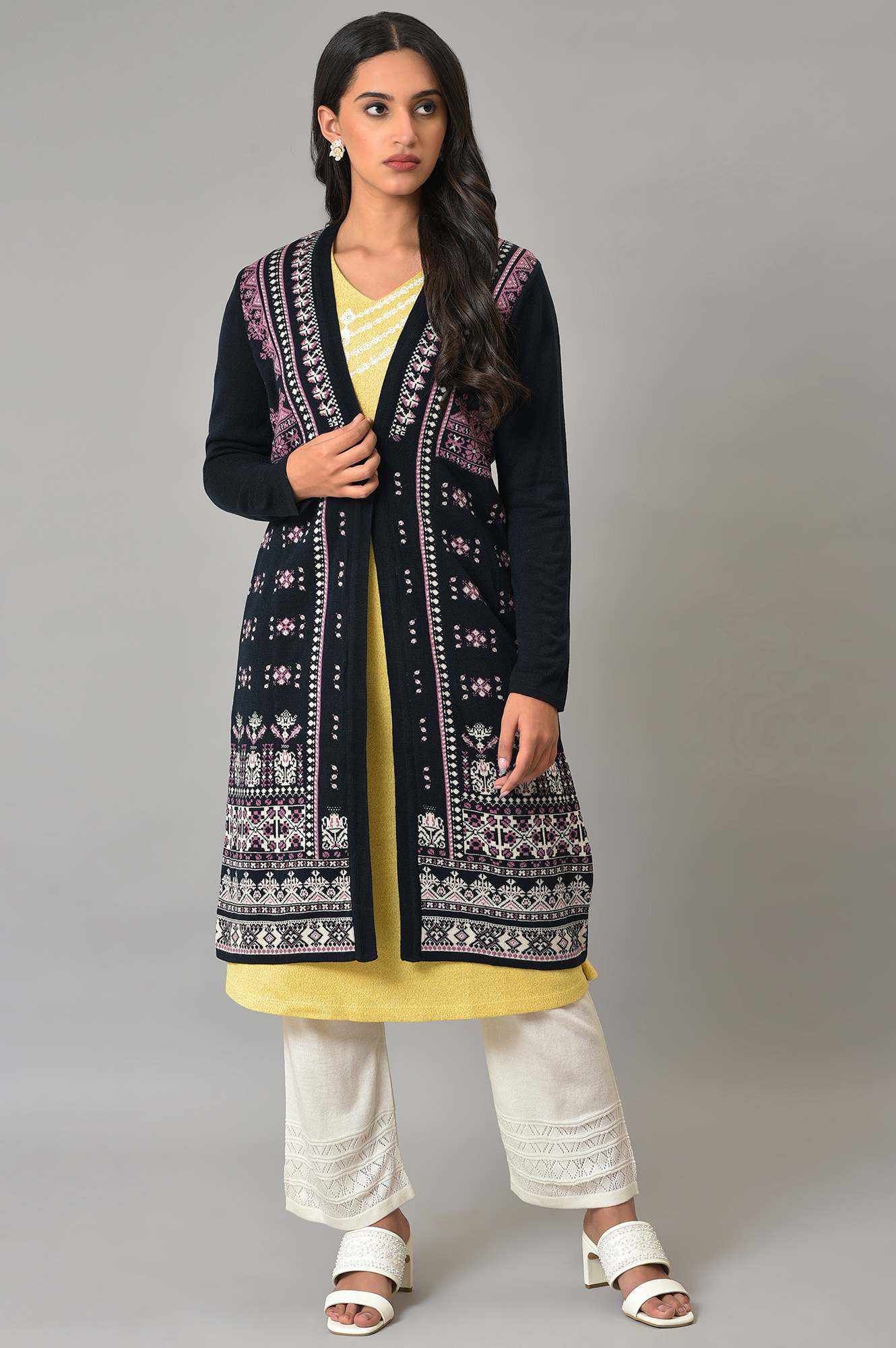Dark Blue Printed Women Cardigan - Image 6