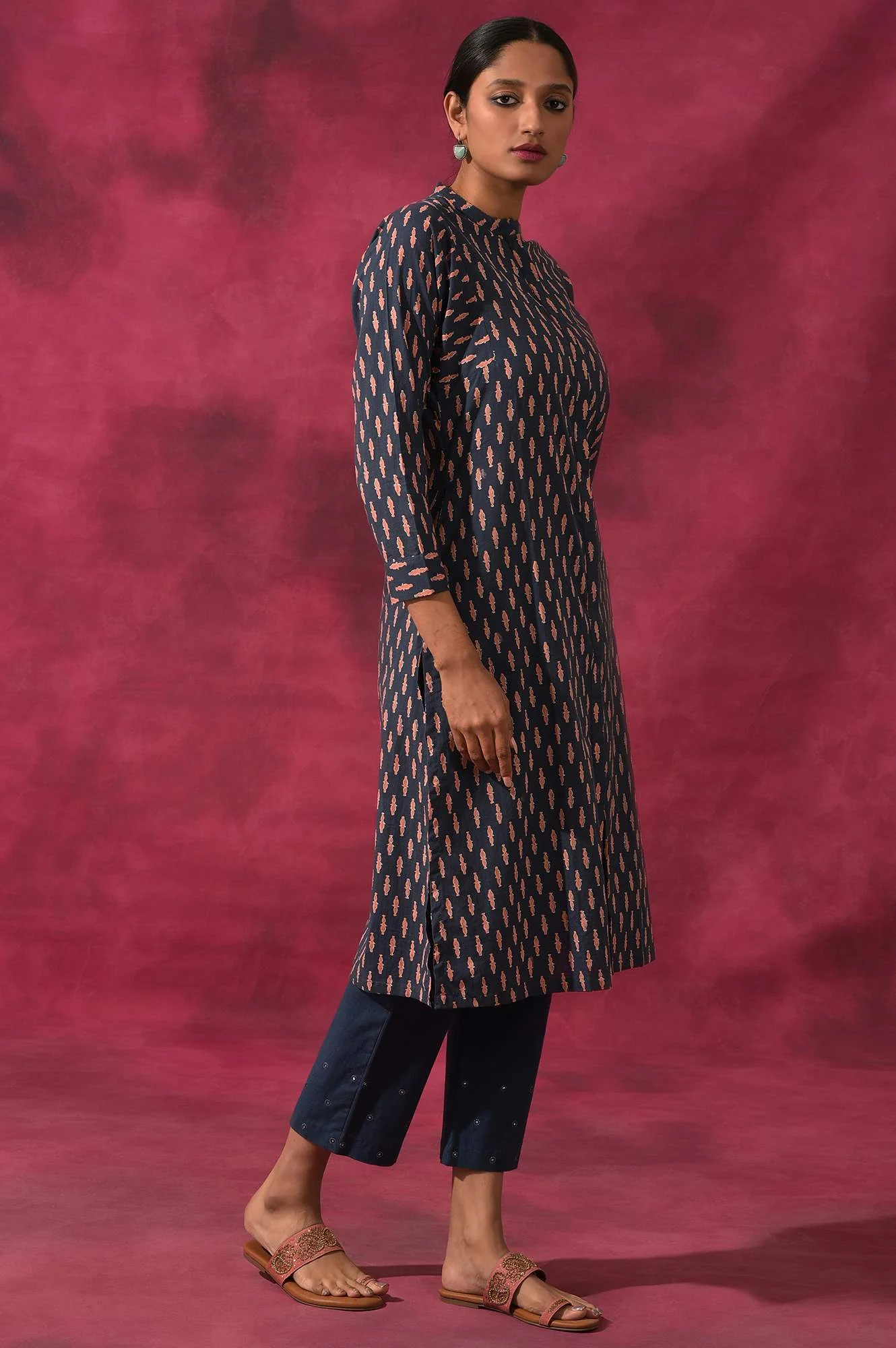 Dark Blue Shirt Dress In Hand Block Print - Image 4