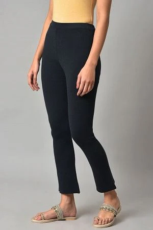 Dark Blue Solid Knitted Flared Pants - Image 3