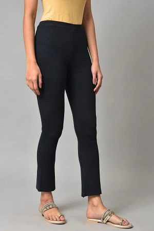 Dark Blue Solid Knitted Flared Pants - Image 4