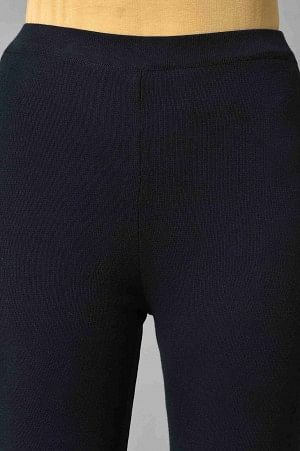 Dark Blue Solid Knitted Flared Pants - Image 6