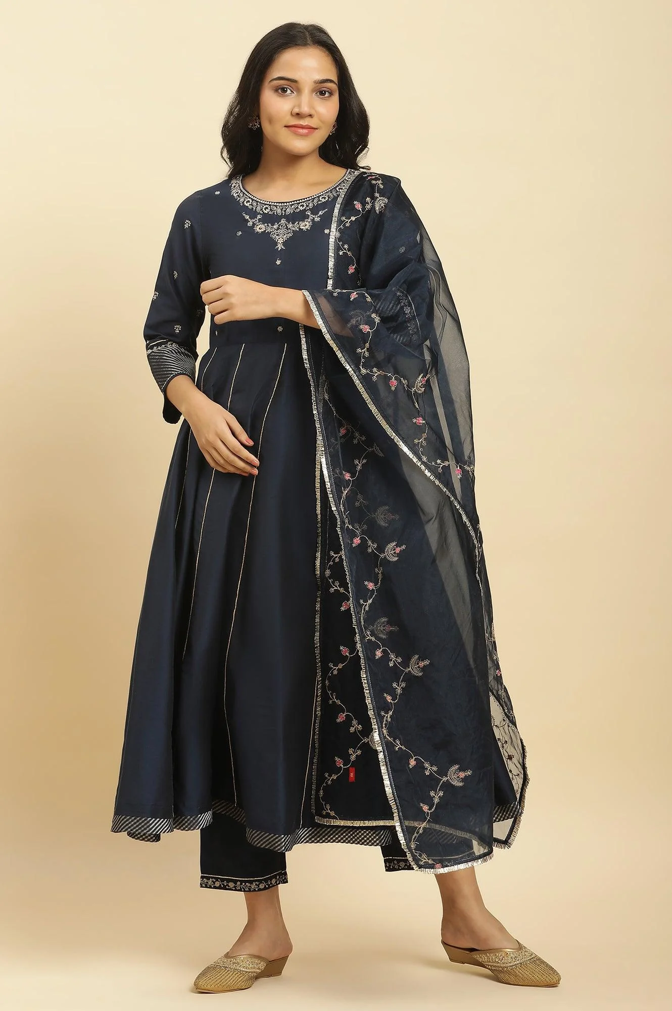 Dark Blue Zari Embroidered Festive Kurta, Pants and Dupatta Set - Image 3