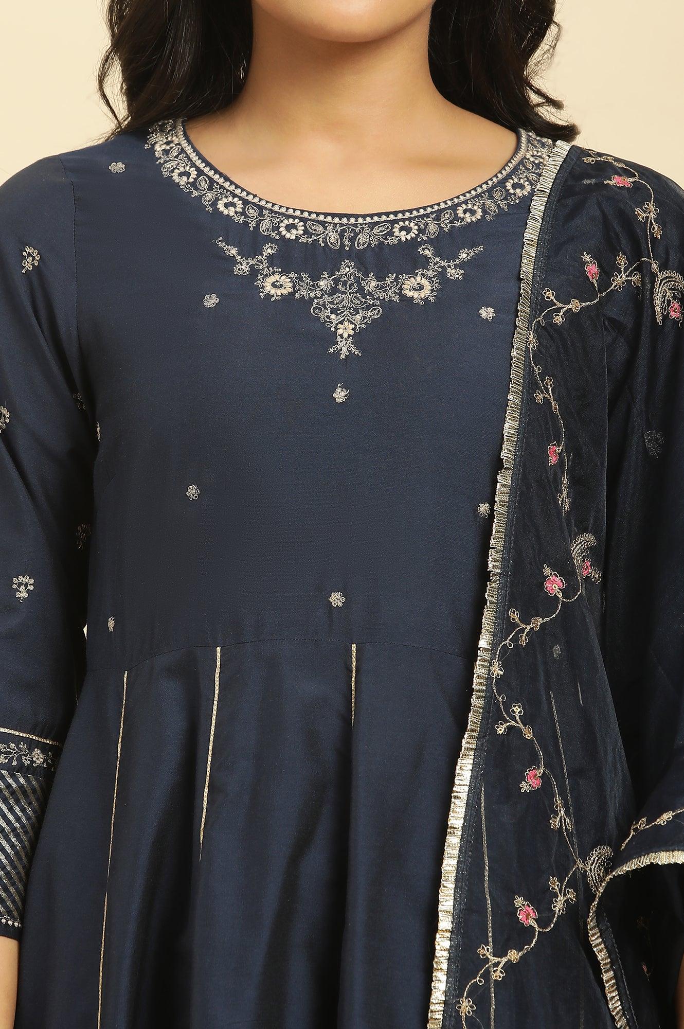Dark Blue Zari Embroidered Festive Kurta, Pants and Dupatta Set - Image 7