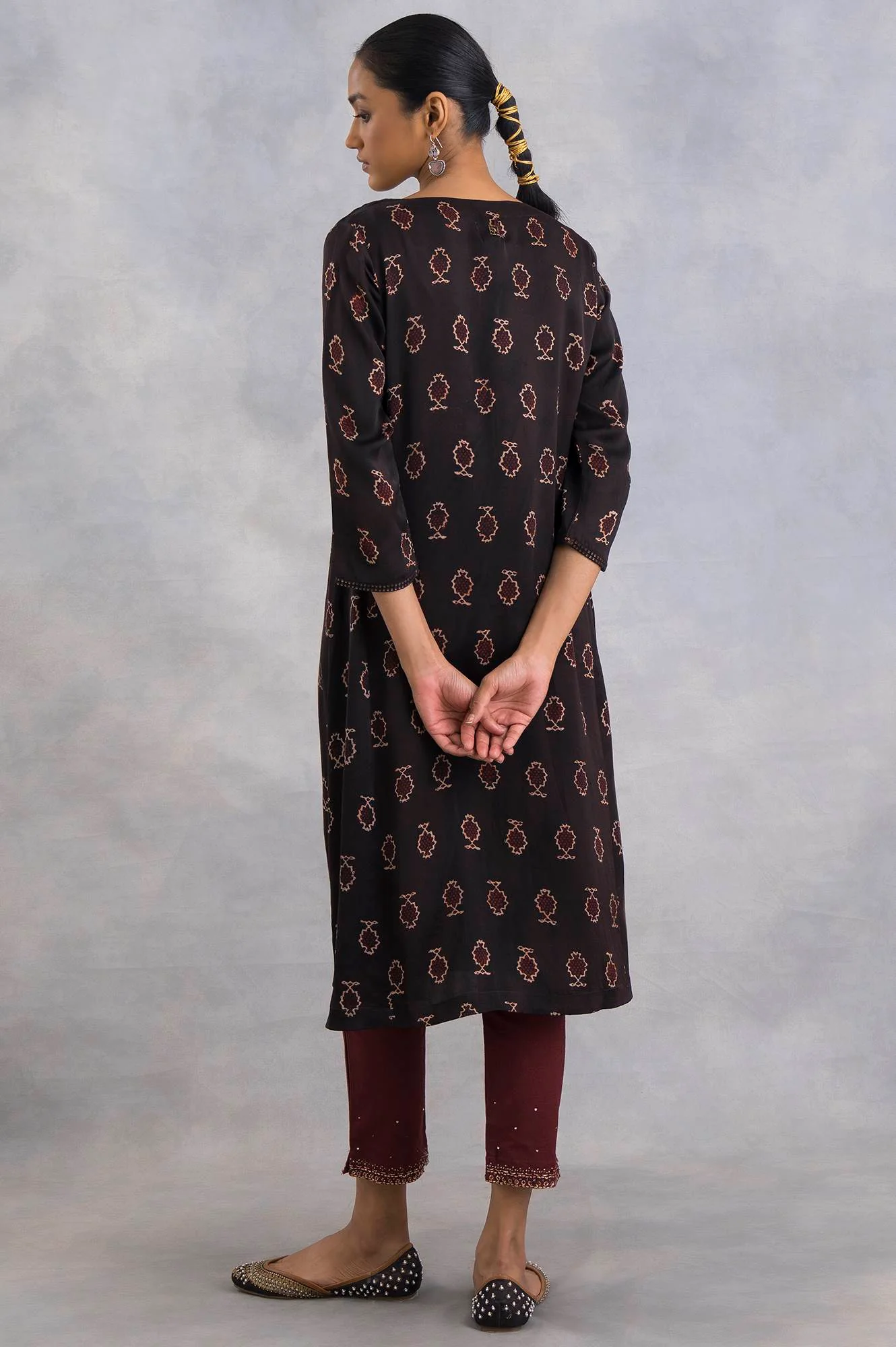 Dark Brown Ajrakh Print A-Line kurta - Image 2