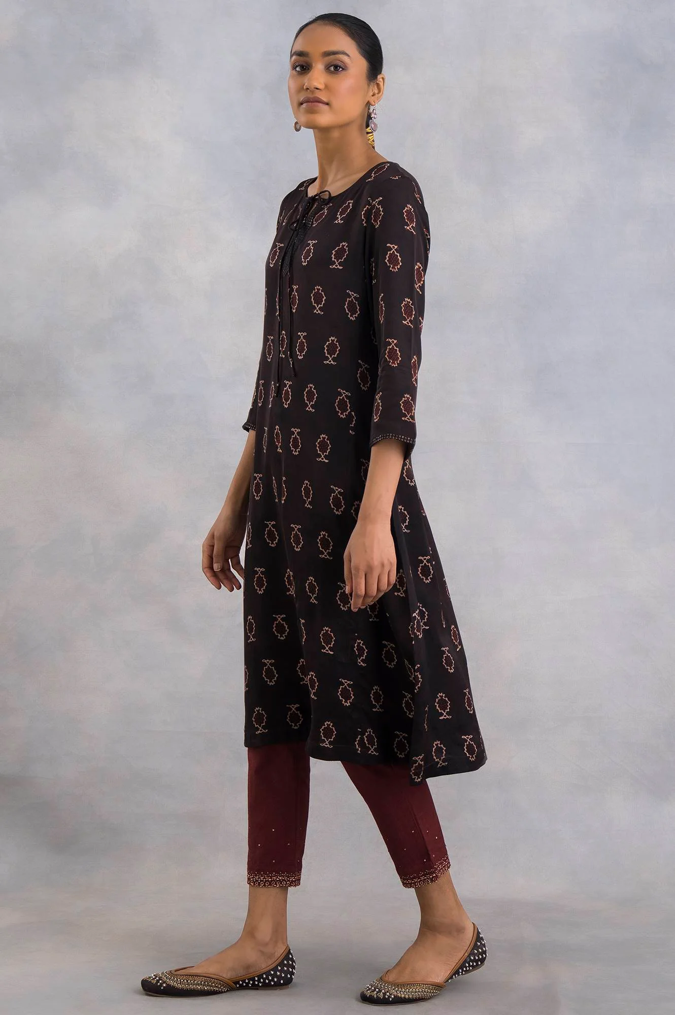 Dark Brown Ajrakh Print A-Line kurta - Image 3