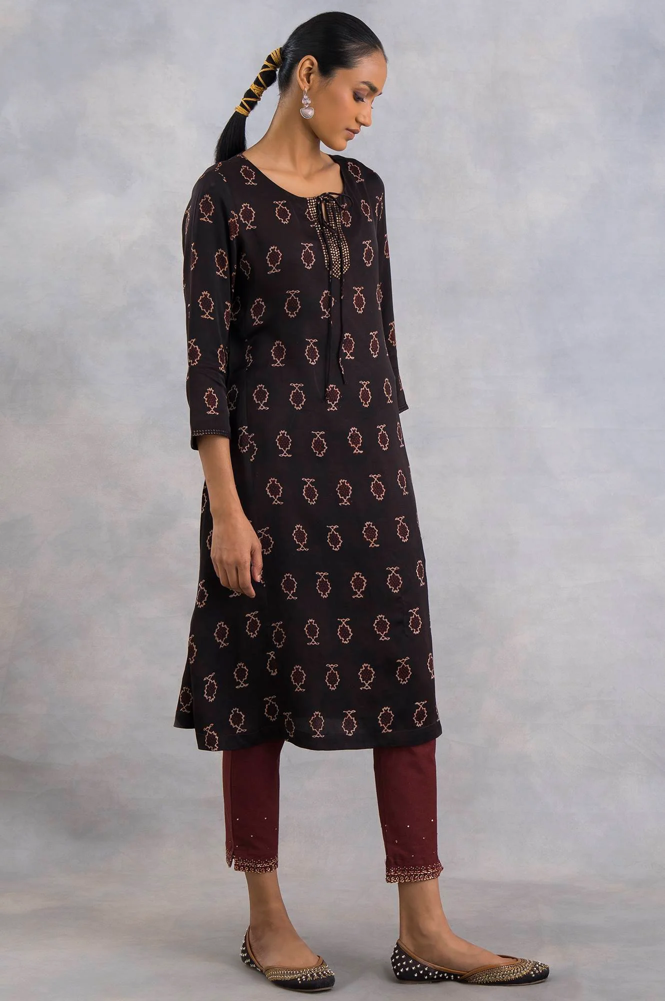 Dark Brown Ajrakh Print A-Line kurta - Image 4
