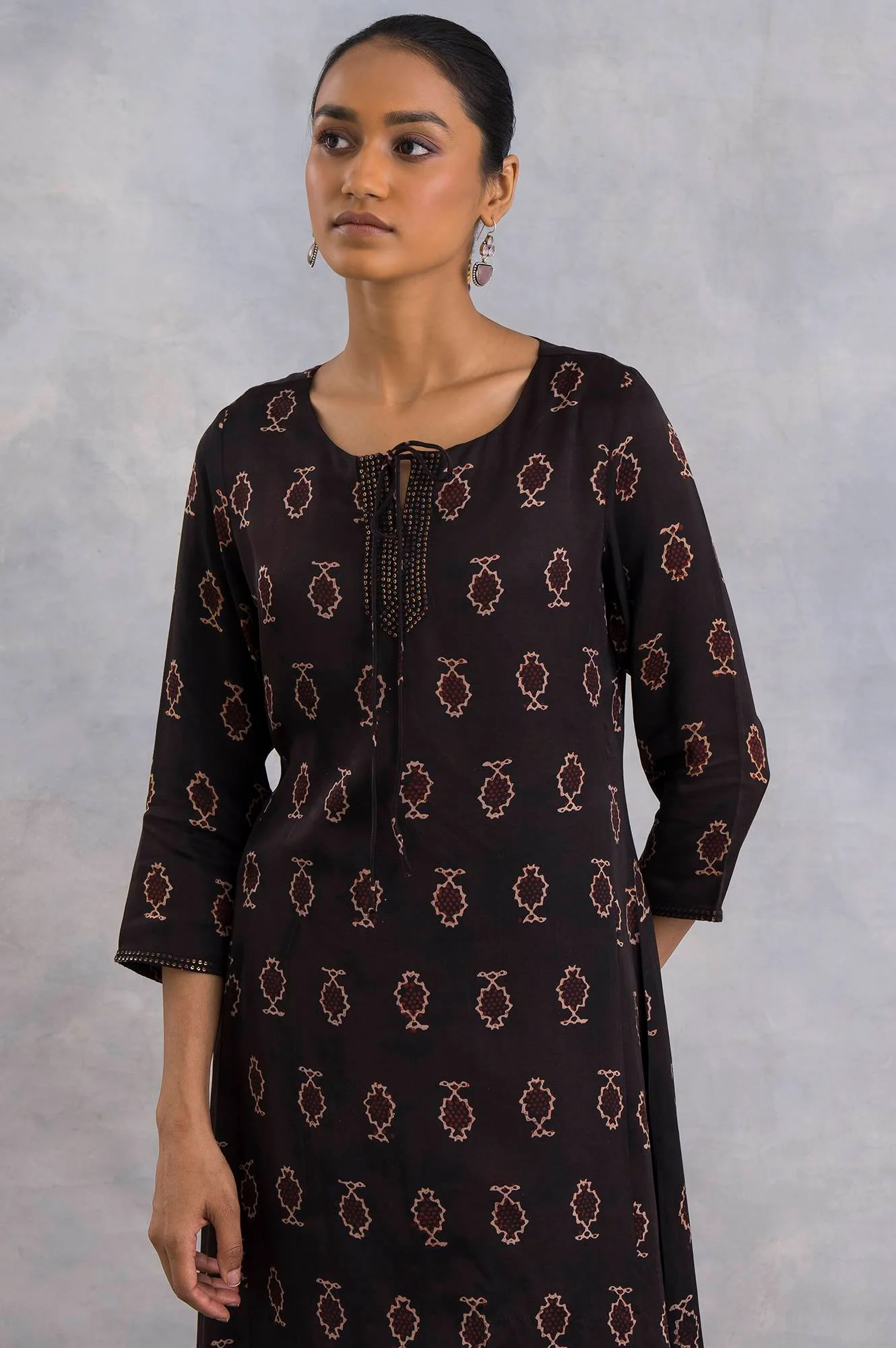Dark Brown Ajrakh Print A-Line kurta - Image 5
