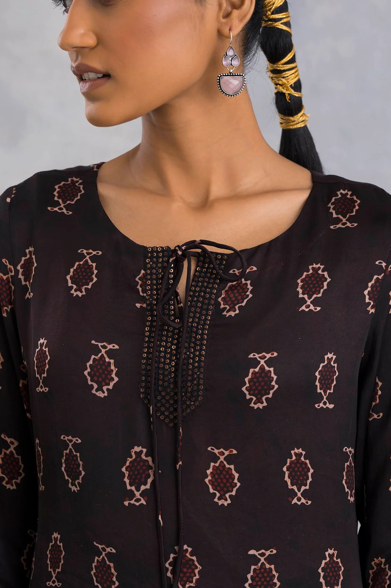 Dark Brown Ajrakh Print A-Line kurta - Image 6