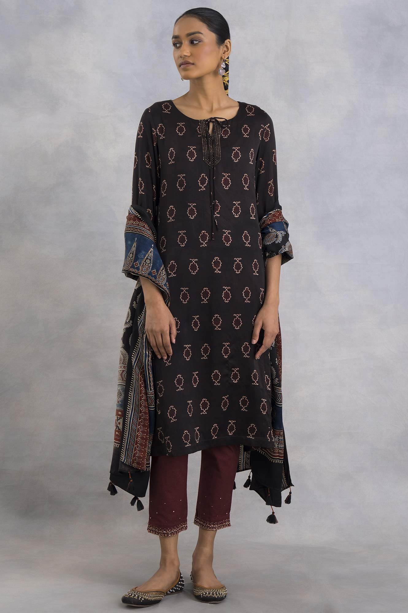 Dark Brown Ajrakh Print A-Line kurta - Image 7