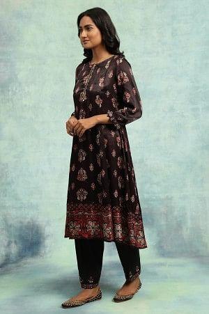 Dark Brown Ajrakh Print Flared Kurta - Image 3