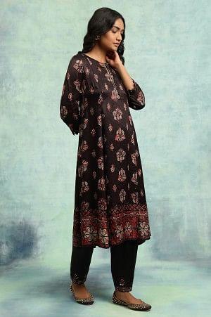 Dark Brown Ajrakh Print Flared Kurta - Image 4