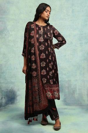 Dark Brown Ajrakh Print Flared Kurta - Image 5