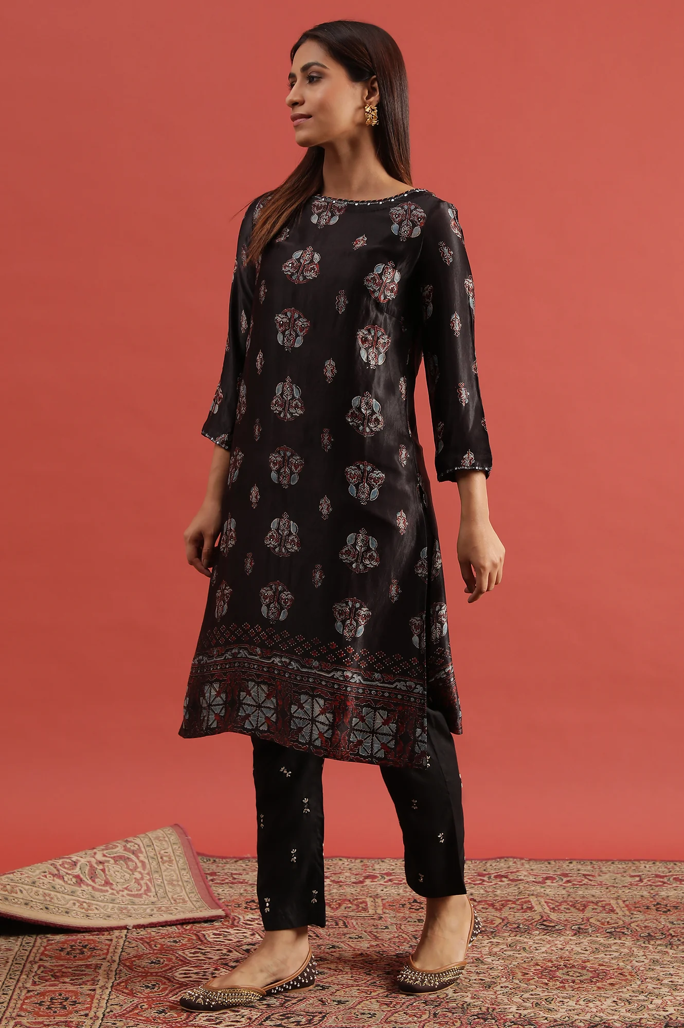 Dark Brown Ajrakh Print Kurta In Modal Satin - Image 3